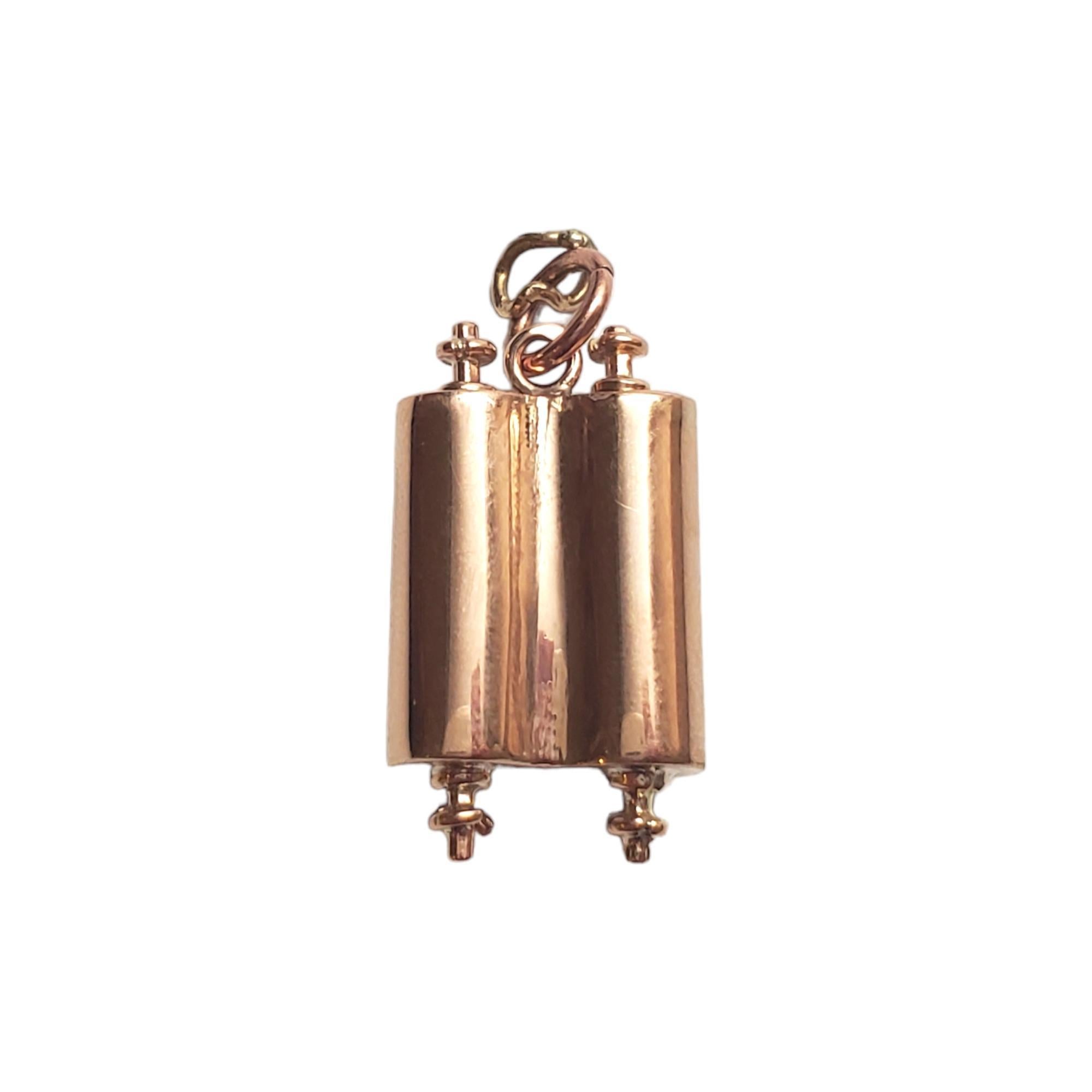 14K Rose and Yellow Gold Hollow Torah Charm - 

Embrace spirituality with this beautiful Torah Charm. 

Size: 21.84mm X 12.6mm X 6.19mm

Weight: 2.29 dwt/ 3.56 g

Hallmark: 14K

Chain not included. 

Very good condition, professionally