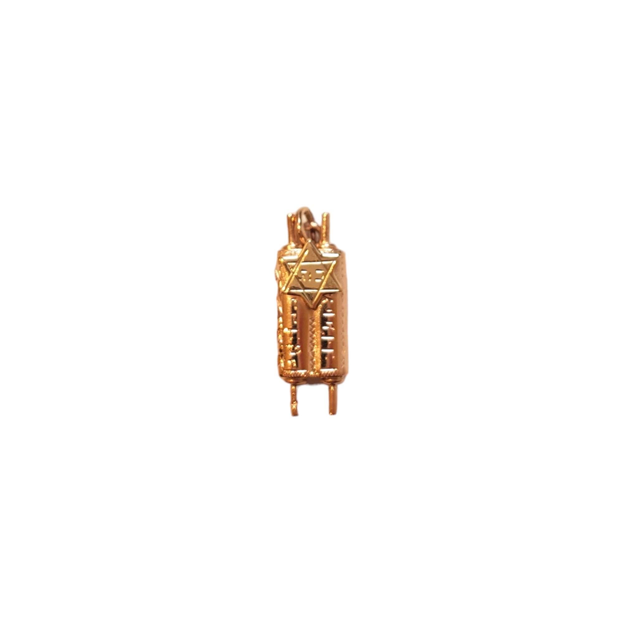 Charm de Torah en or jaune 14K - 

Cette magnifique breloque de la Torah est un symbole de la beauté de l'héritage juif. 

Poinçon : 14K 

Poids : 2,9 g/ 1,9 dwt.

Taille : 26,2 mm X 10 mm X 6,6 mm

Chaîne non incluse. 

Très bon état, polissage