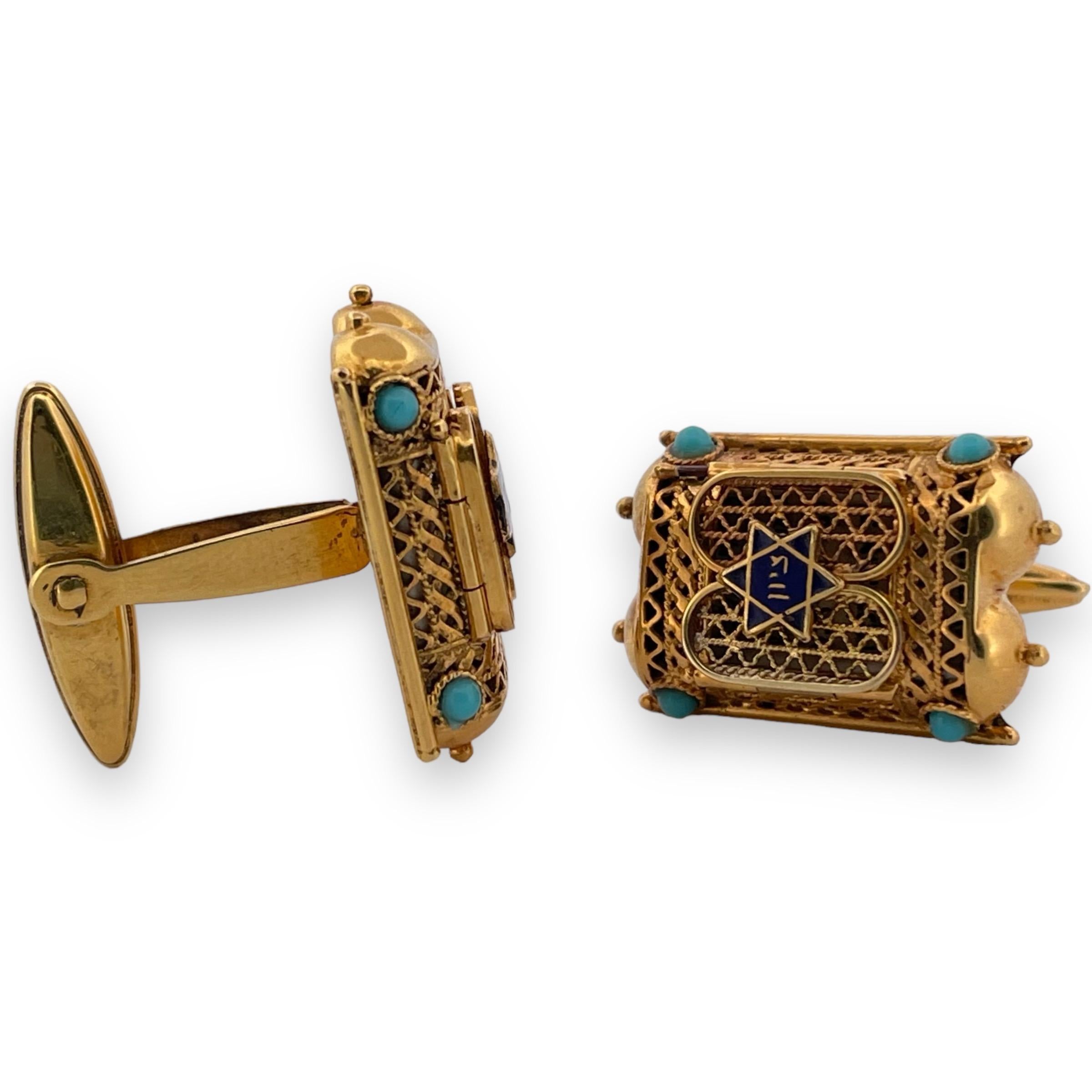 Add a touch of distinction to your attire with these elegant 14K Yellow Gold Torah Script Turquoise Cufflinks. Weighing 10.43 grams, these cufflinks are a testament to refined craftsmanship, featuring a stunning inlay of turquoise that is delicately