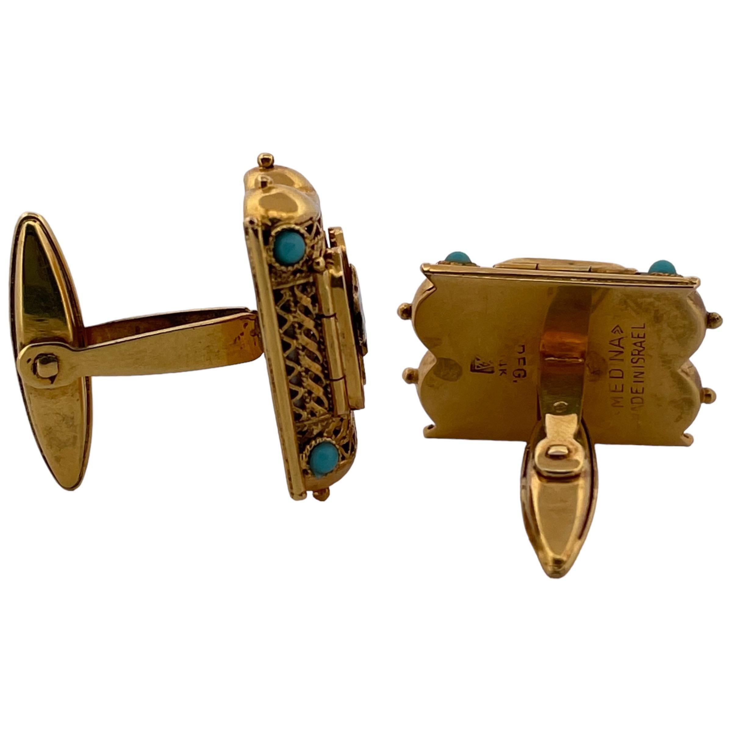 14K Yellow Gold Torah Script Turquoise Cufflinks In Good Condition In New York, NY