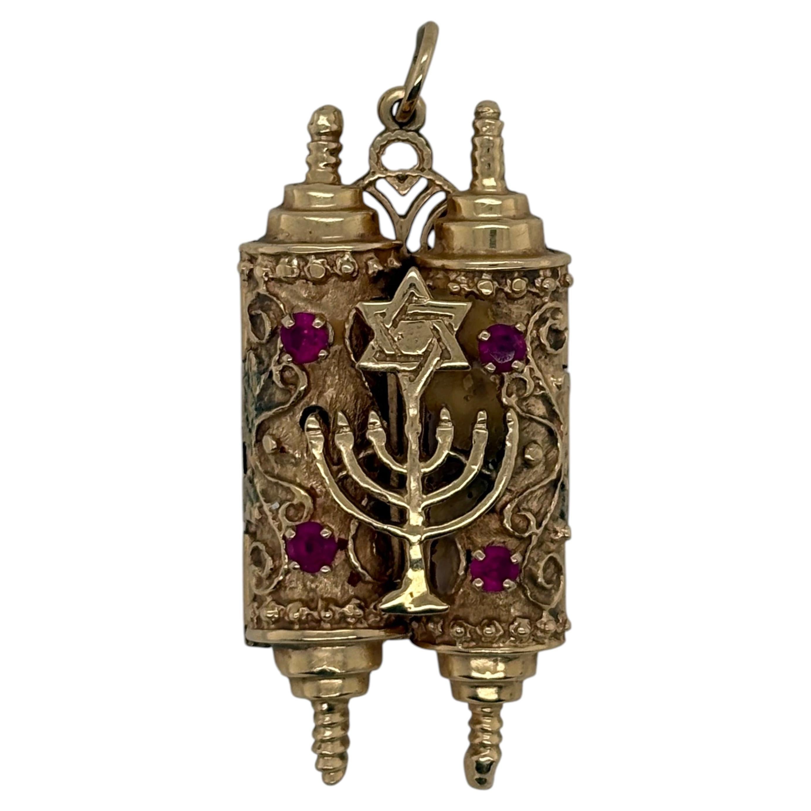 14K Yellow Gold, Torah Scroll Charm Pendant, 17.8g, Ruby For Sale