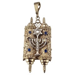14K Yellow Gold Torah Scroll Pendant with Star of David and Menorah #24649