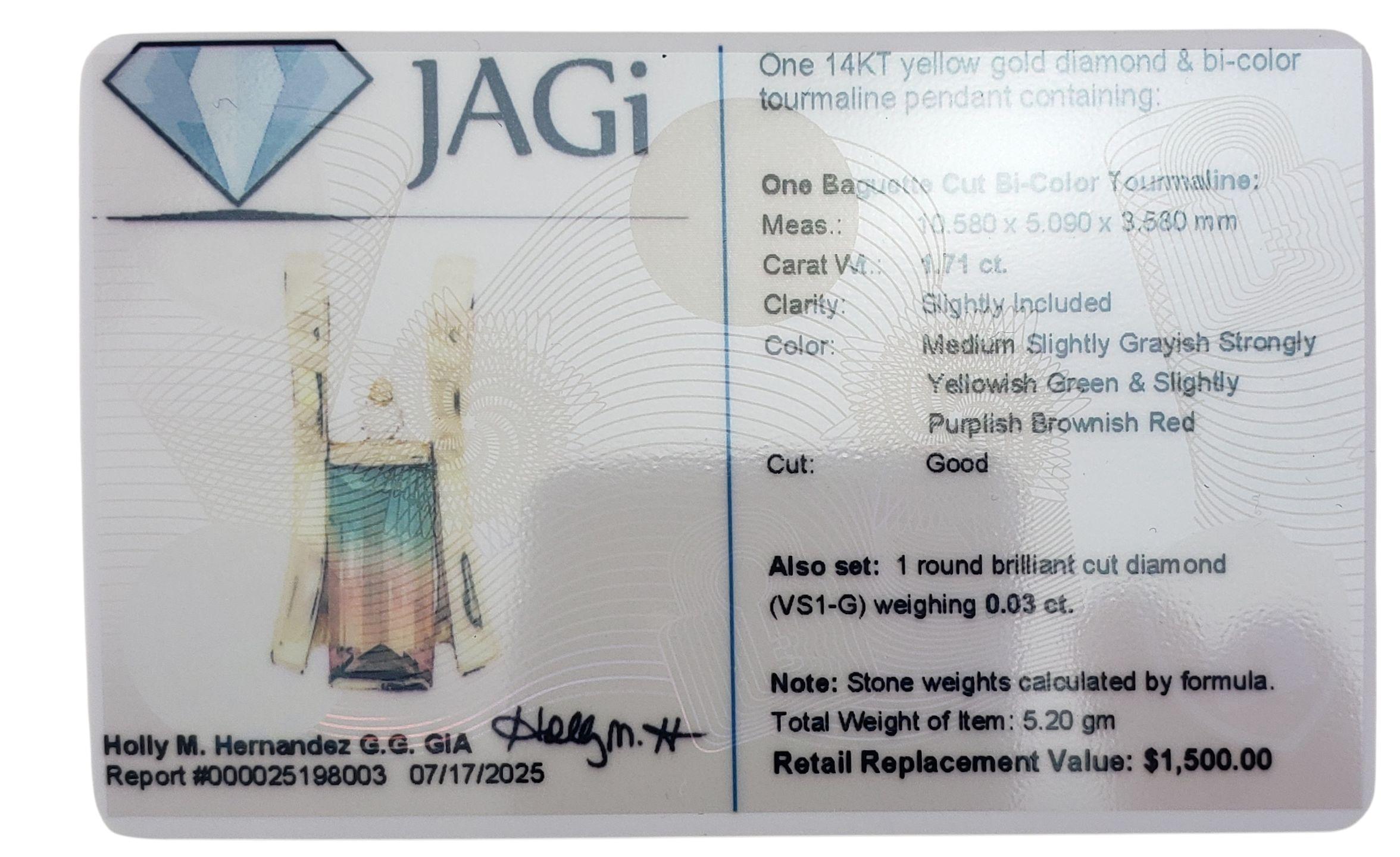 14K Yellow Gold Tourmaline and Diamond Pendant JAGi Certified #22683 For Sale 3