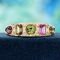 14K Yellow Gold Tourmaline and Diamond Vintage Style Five Stone Band Ring