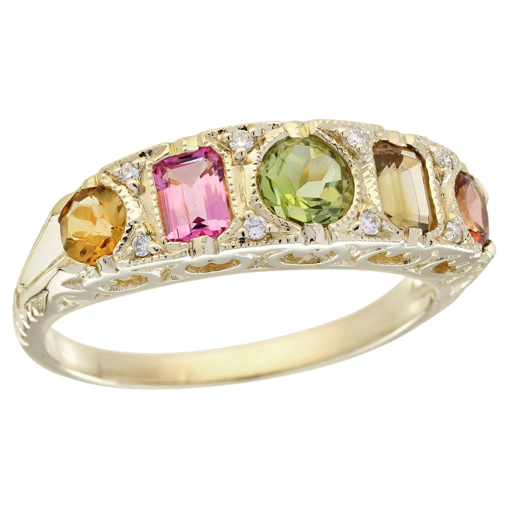 14K Yellow Gold Tourmaline and Diamond Vintage Style Five Stone Band Ring For Sale
