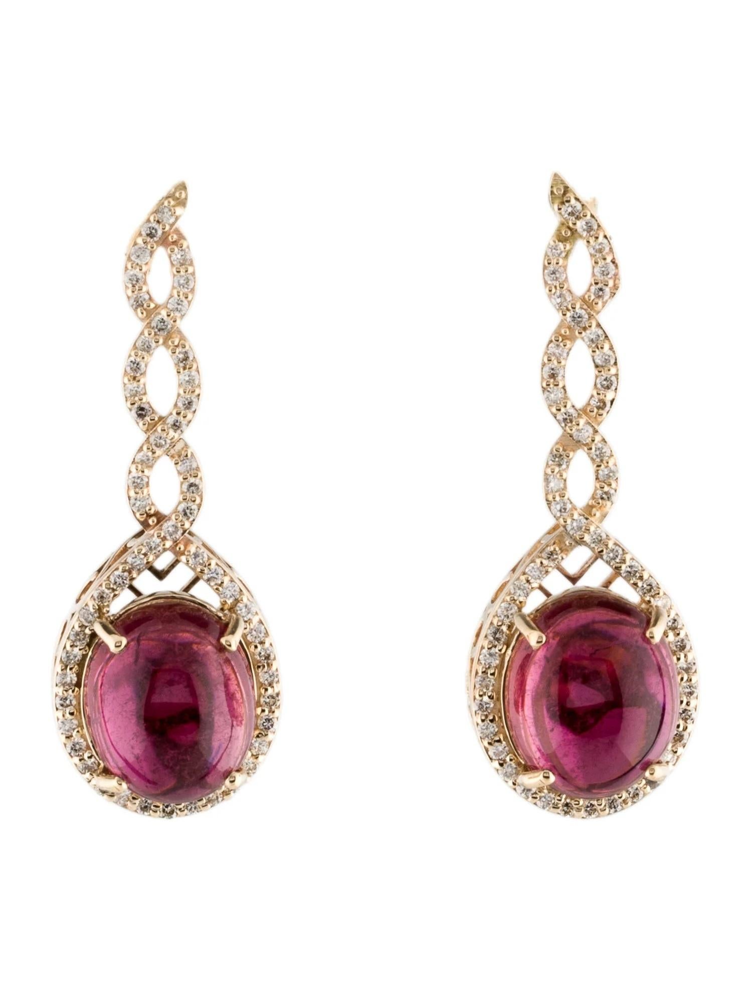 Taille ovale Pendants d'oreilles en or jaune 14 carats avec tourmaline et diamants  Cabochons de tourmaline ovale en vente