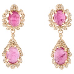 14K Yellow Gold Tourmaline 
Diamond Drop Earrings with 7.12 Carat Oval Cabochon