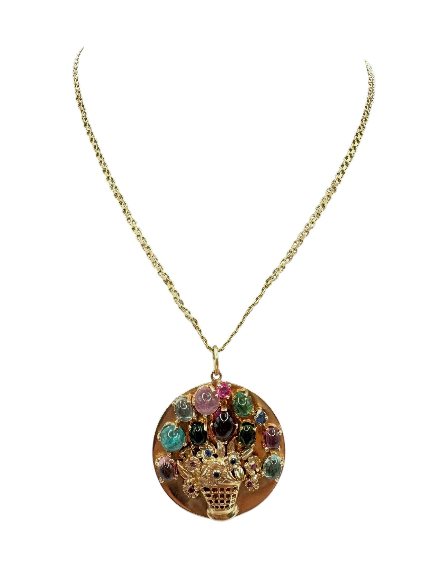 14K Yellow Gold Tourmaline, Ruby, and Sapphire Floral Basket Pendant Necklace en venta 5