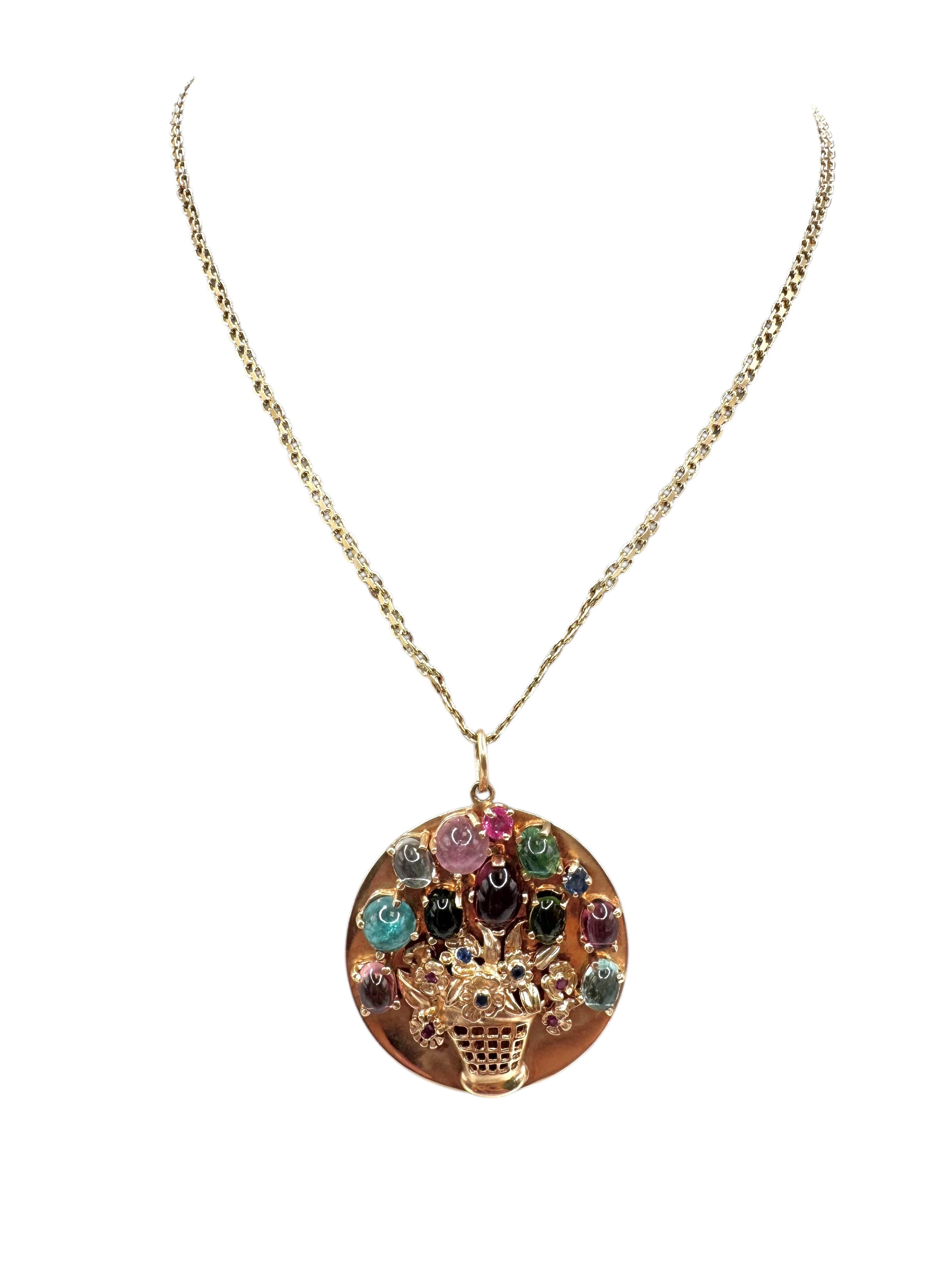 14K Yellow Gold Tourmaline, Ruby, and Sapphire Floral Basket Pendant Necklace en venta 6
