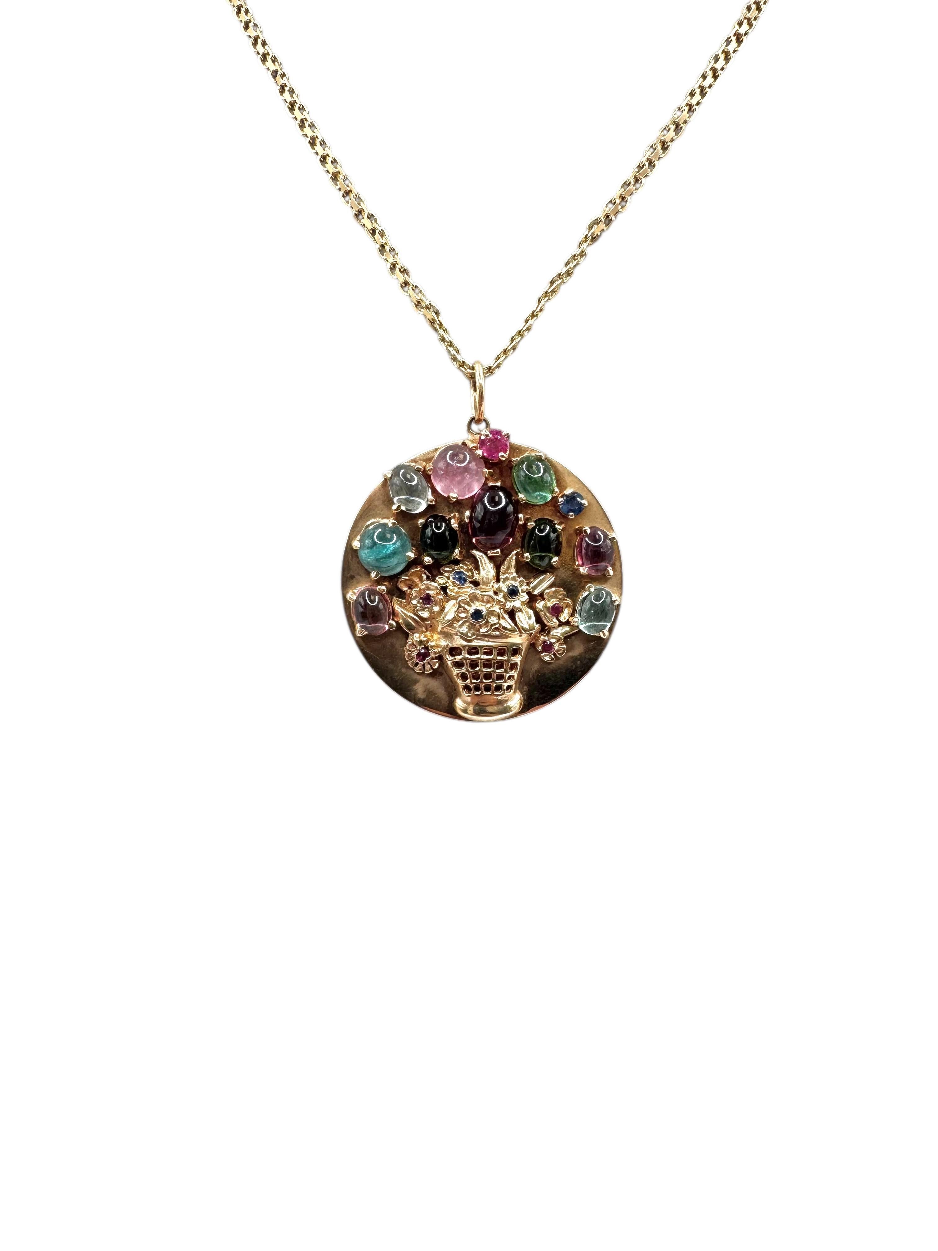 14K Yellow Gold Tourmaline, Ruby, and Sapphire Floral Basket Pendant Necklace en venta 7