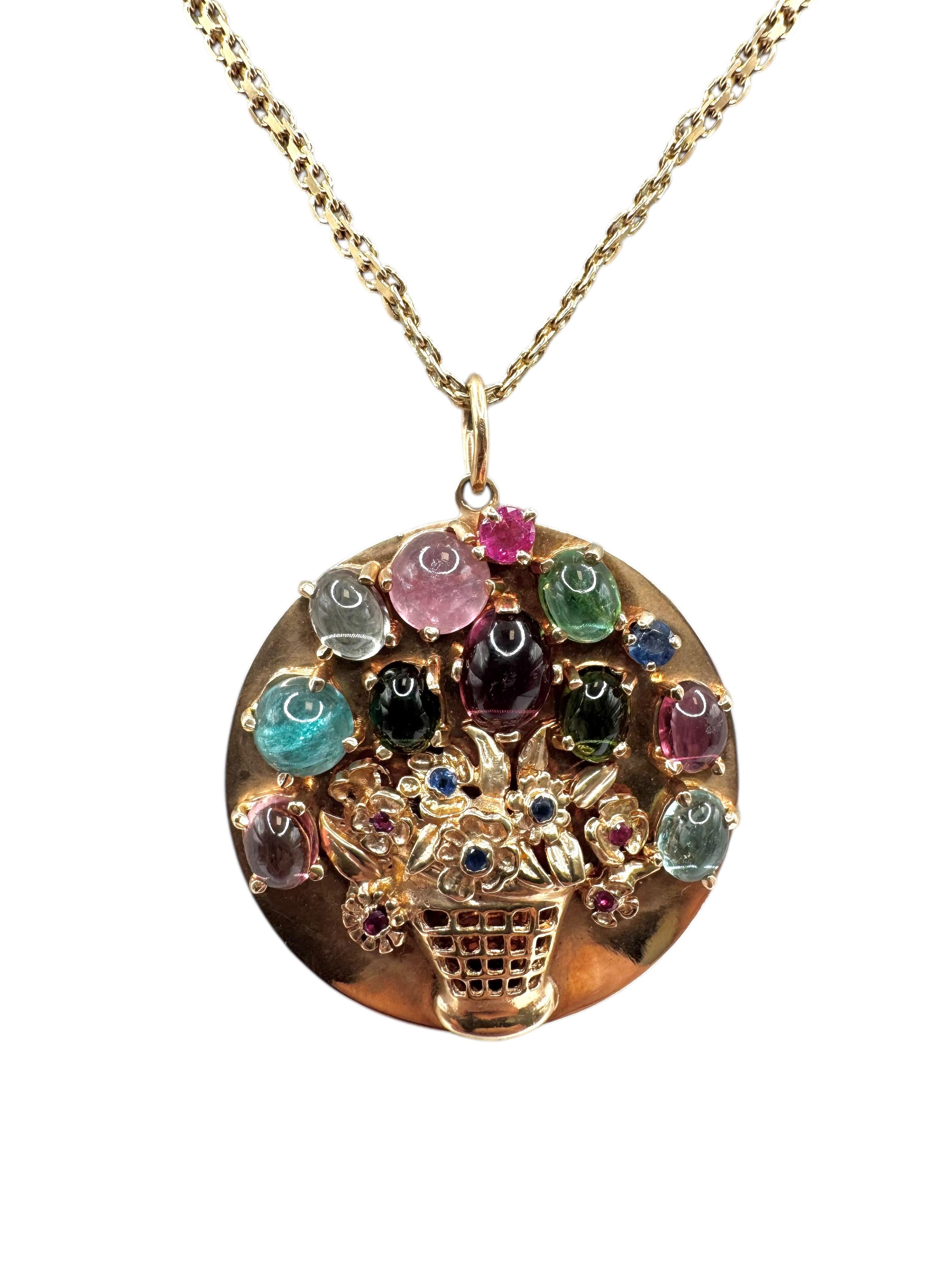 14K Yellow Gold Tourmaline, Ruby, and Sapphire Floral Basket Pendant Necklace en venta 8
