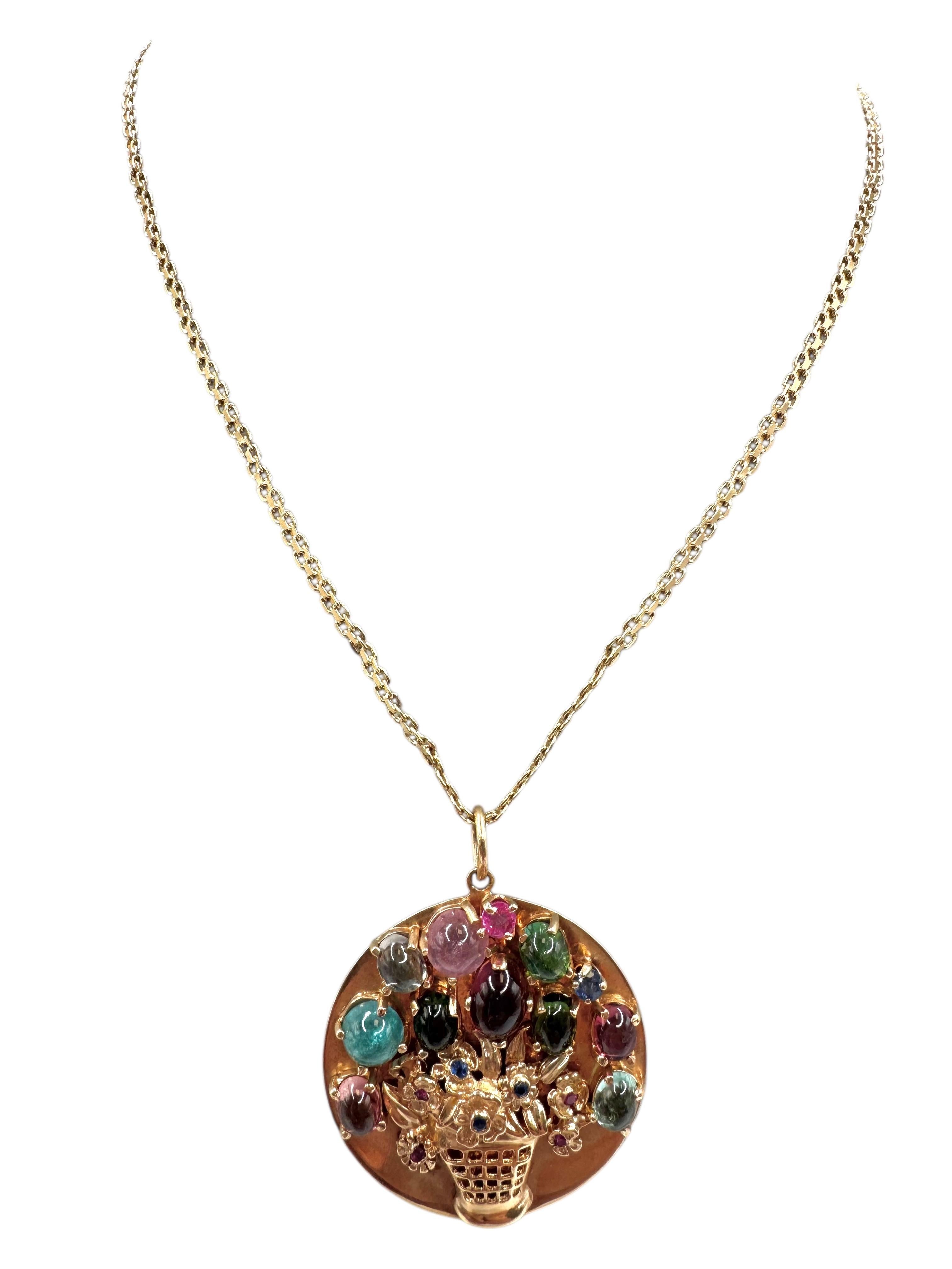 14K Yellow Gold Tourmaline, Ruby, and Sapphire Floral Basket Pendant Necklace en venta 9