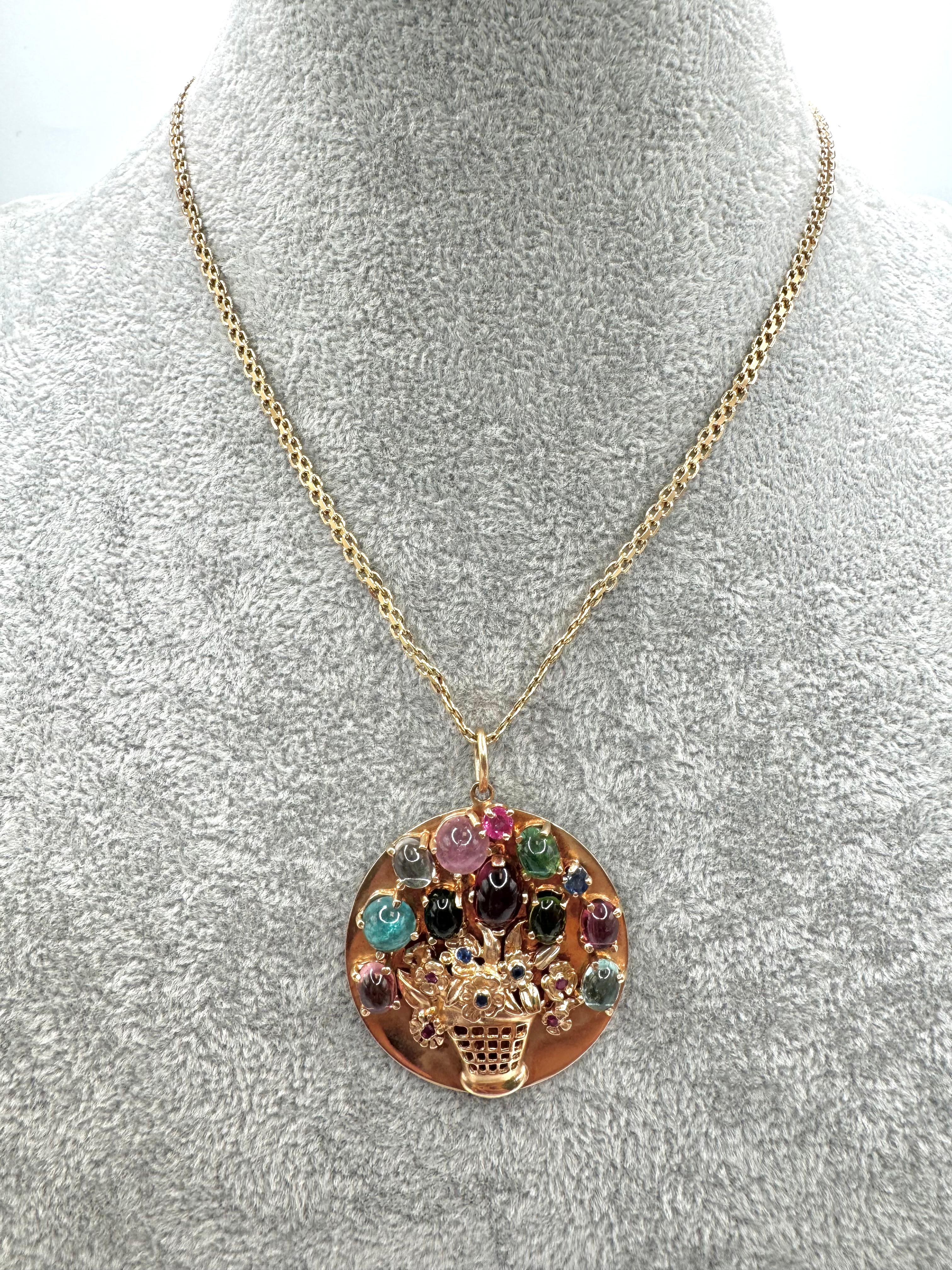 Femenino o masculino 14K Yellow Gold Tourmaline, Ruby, and Sapphire Floral Basket Pendant Necklace en venta