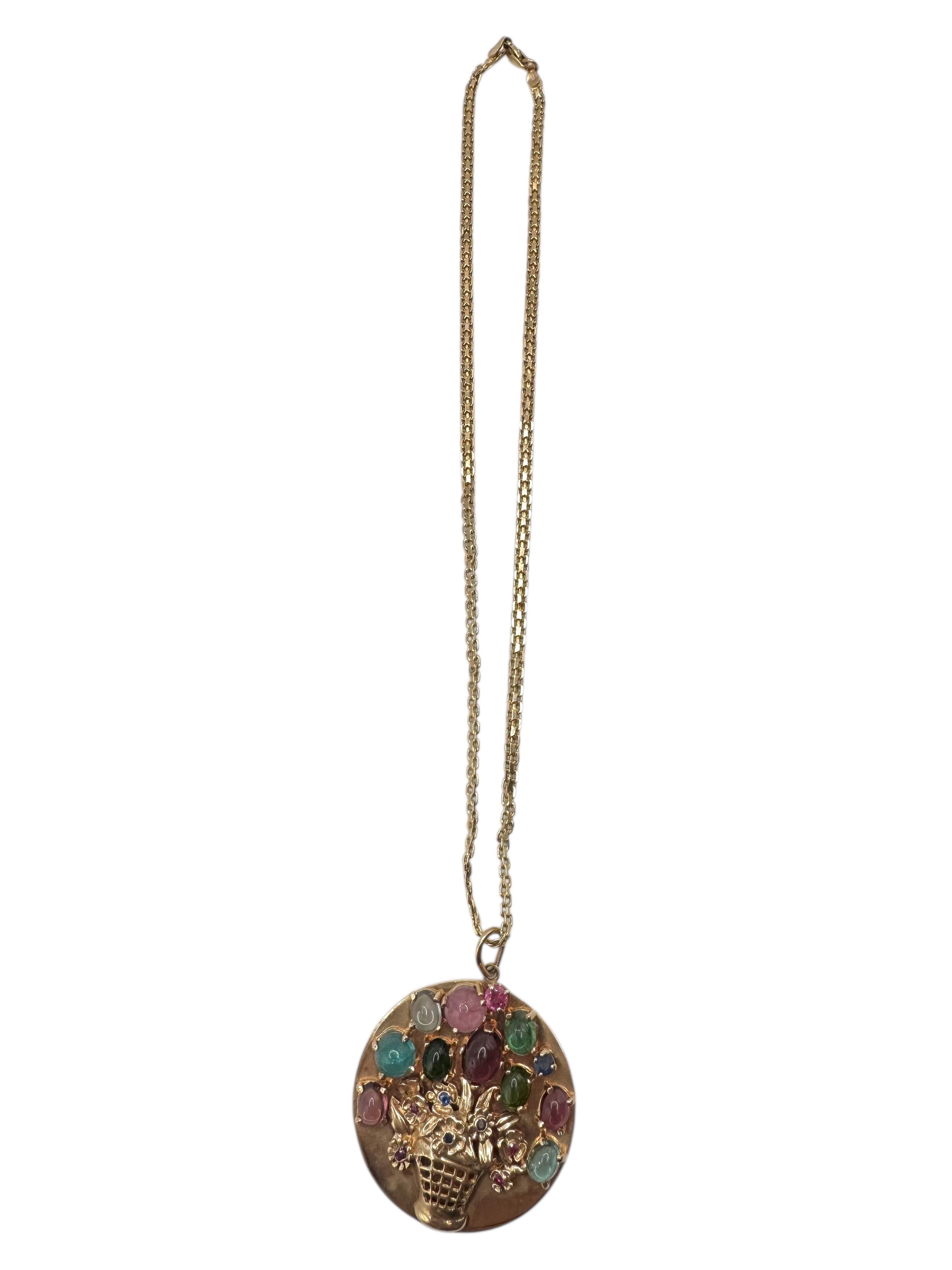 14K Yellow Gold Tourmaline, Ruby, and Sapphire Floral Basket Pendant Necklace en venta 4