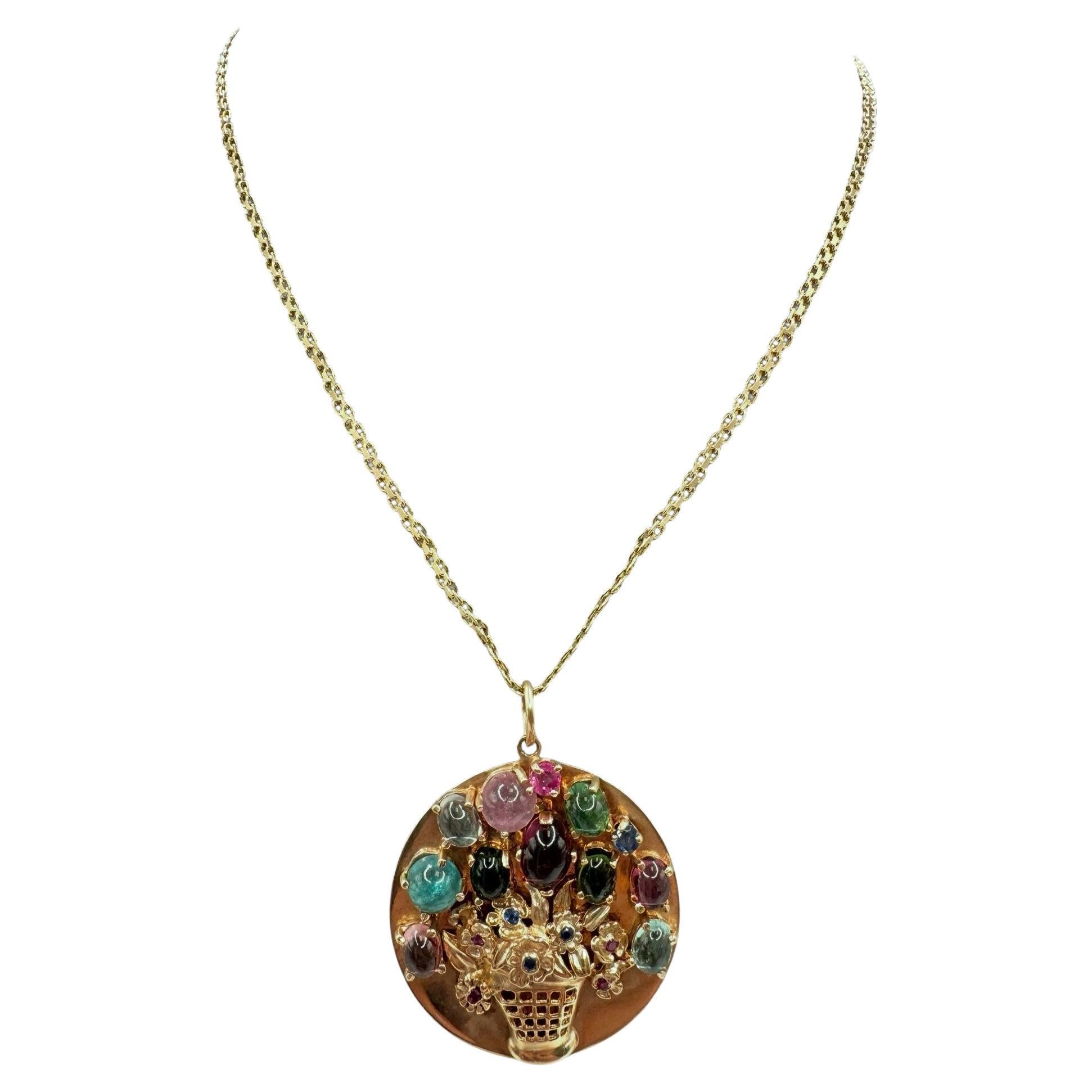 14K Yellow Gold Tourmaline, Ruby, and Sapphire Floral Basket Pendant Necklace