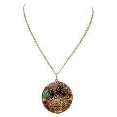 14K Yellow Gold Tourmaline, Ruby, and Sapphire Floral Basket Pendant Necklace