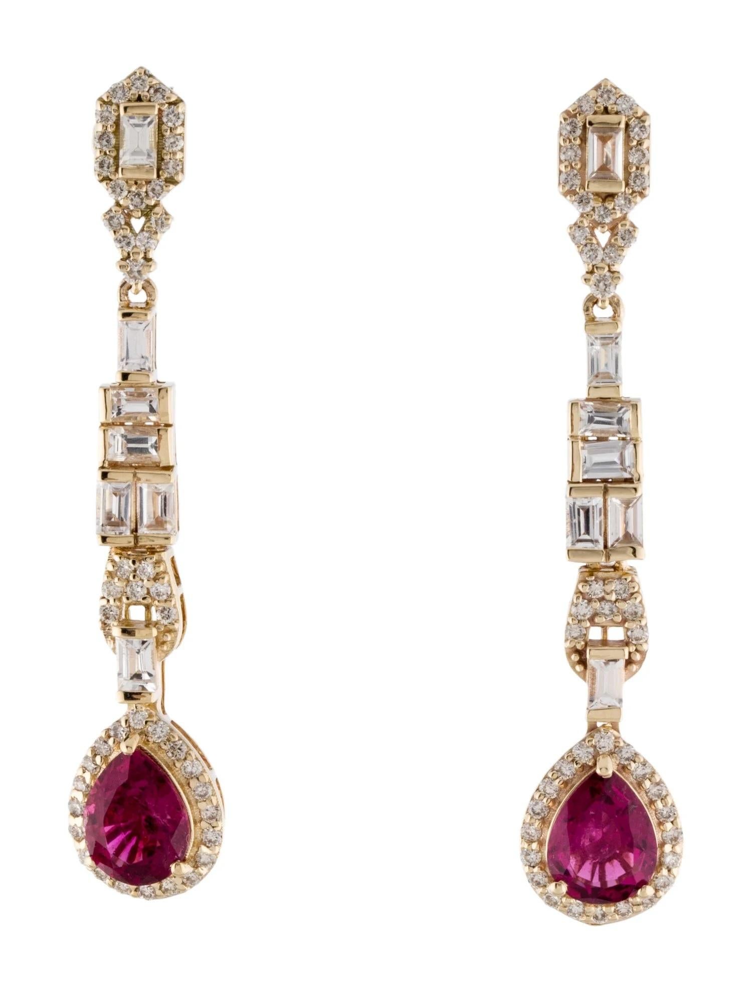 Pear Cut 14K Yellow Gold Tourmaline, Sapphire & Diamond Drop Earrings Featuring 1.52ct Sa