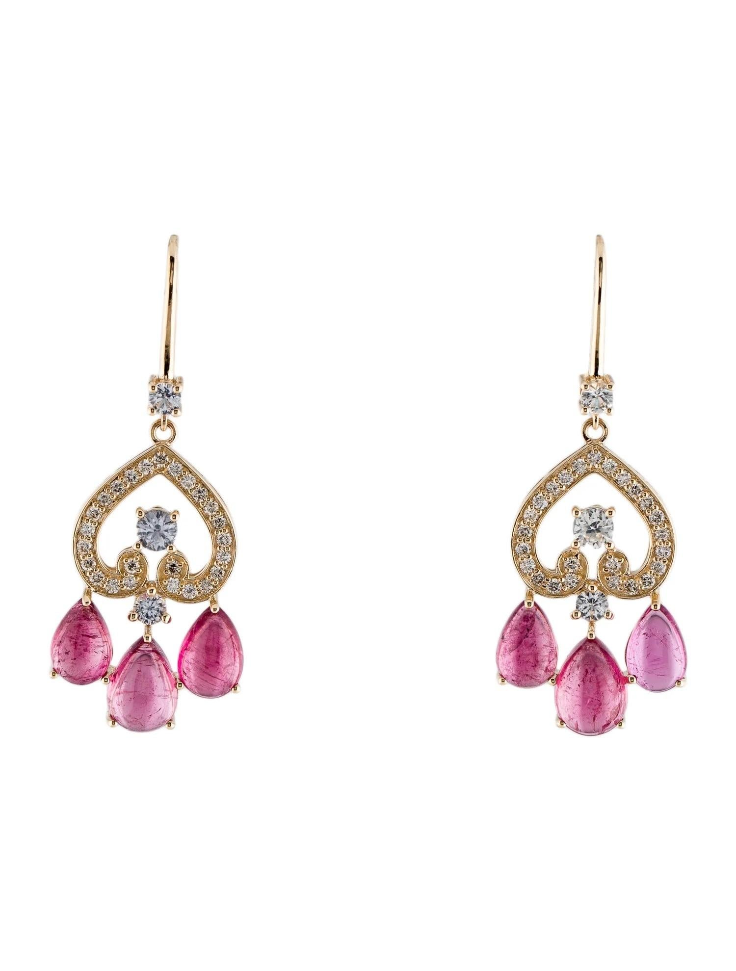 Taille ronde Boucles d'oreilles pendantes en or jaune 14K avec tourmaline, saphir et diamant  Caboch en tourmaline en vente