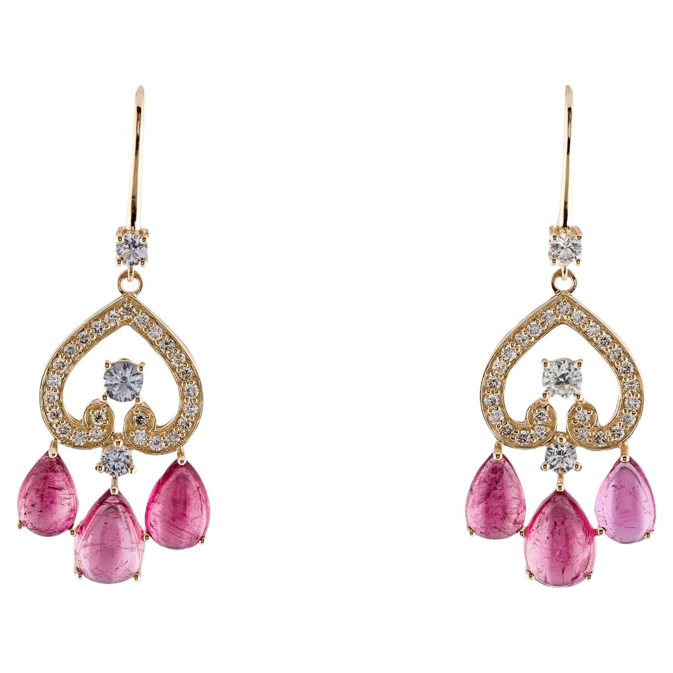 14K Yellow Gold Tourmaline, Sapphire & Diamond Drop Earrings  Tourmaline Caboch