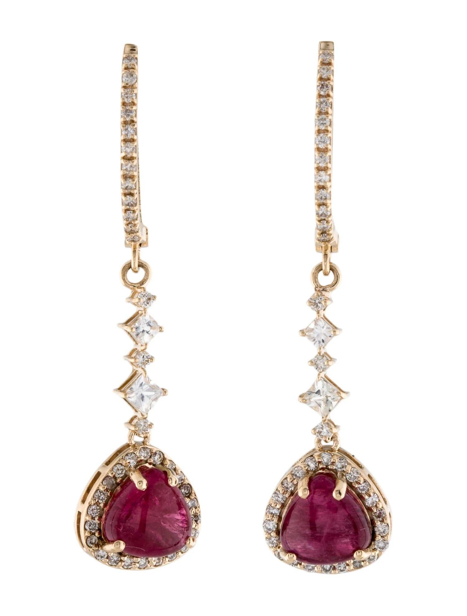 Cabochon 14K Yellow Gold Tourmaline, Sapphire & Diamond Drop Earrings, Triangular Tourmal For Sale