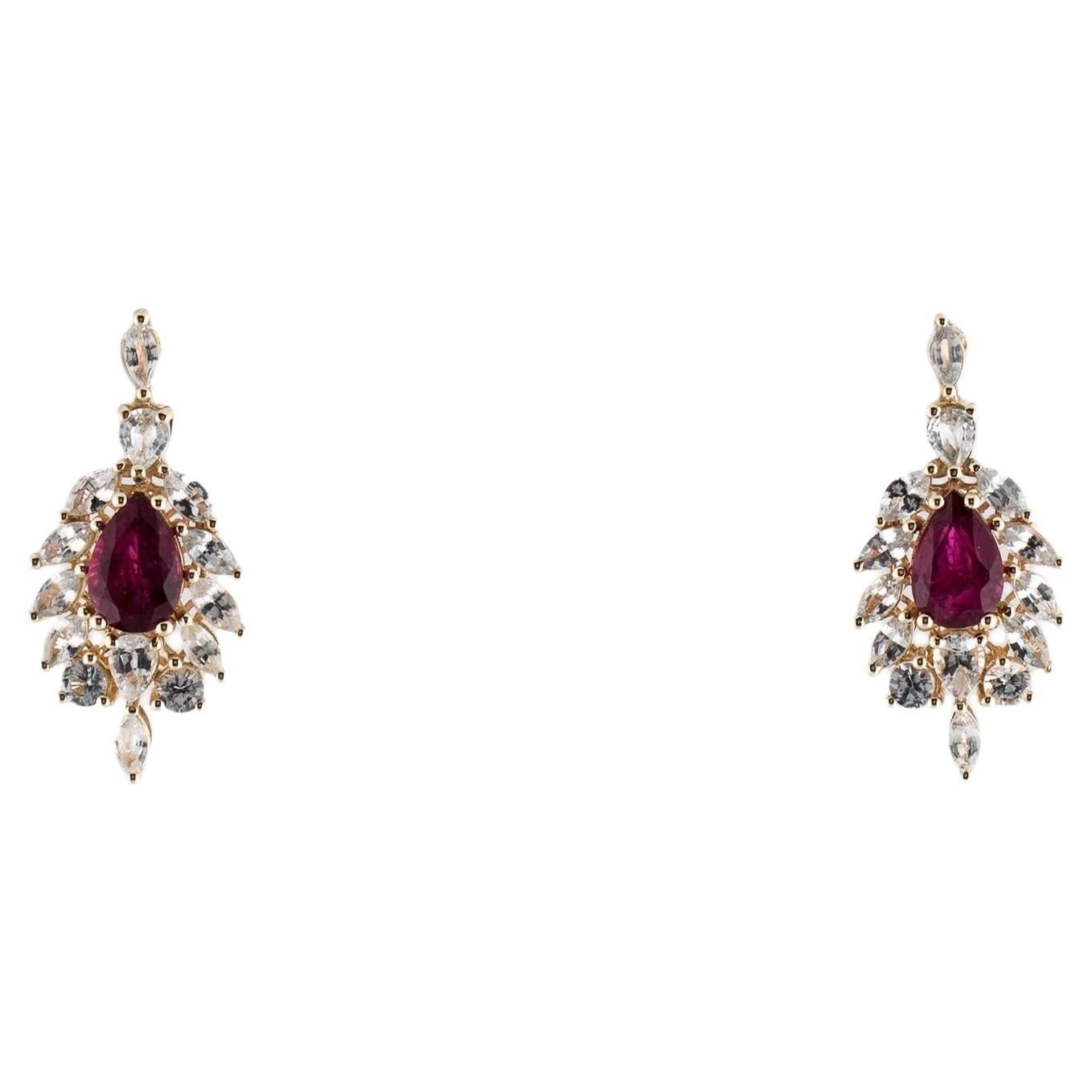 14K Yellow Gold Tourmaline & Sapphire Drop Earrings  Pear Brilliant Tourmalines For Sale