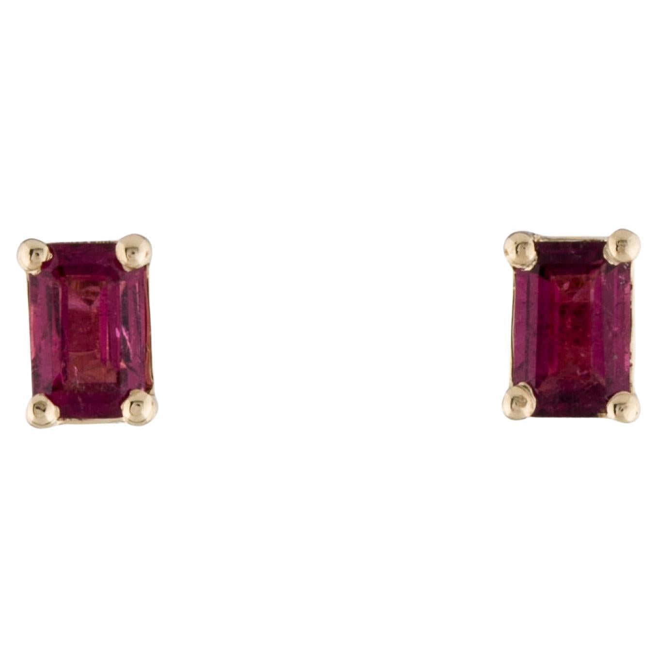 14K Yellow Gold Tourmaline Stud Earrings - Emerald Cut Pink Gemstones, Elegant D