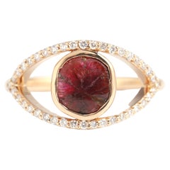 14k Yellow Gold Trapiche Ruby Diamond Halo Eye Ring