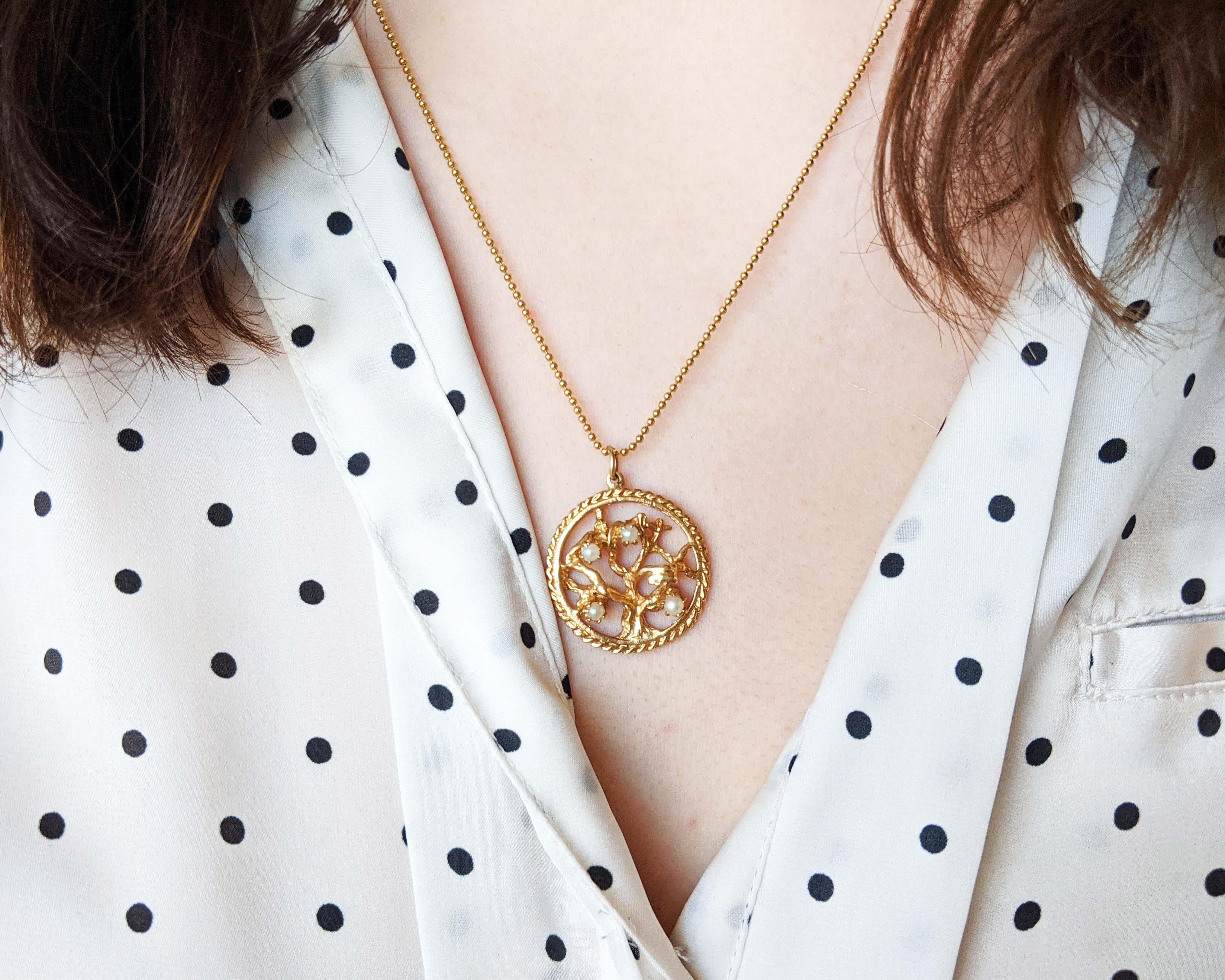 Modernist 14 Karat Yellow Gold Tree of Life Seed Pearl Pendant