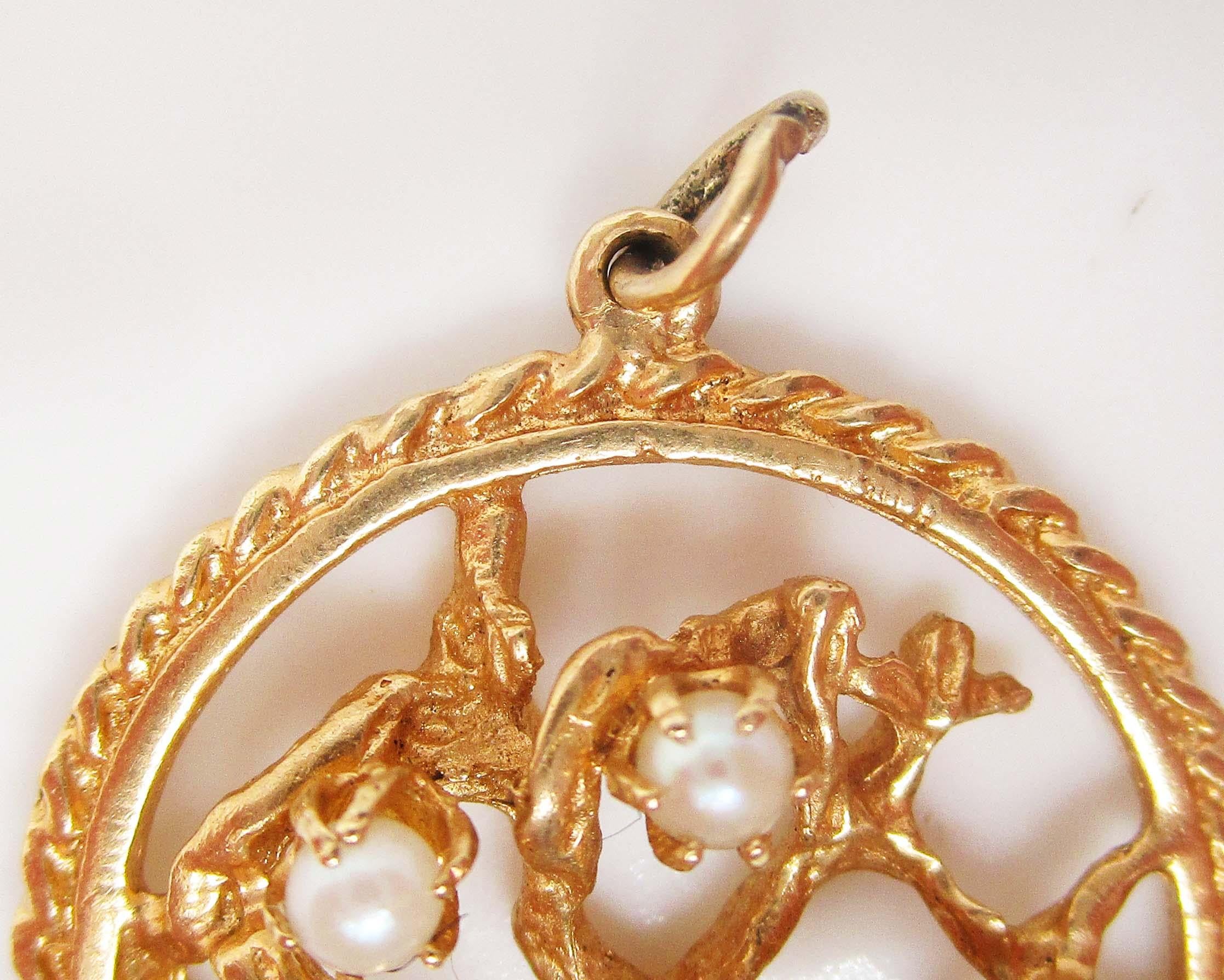 Uncut 14 Karat Yellow Gold Tree of Life Seed Pearl Pendant