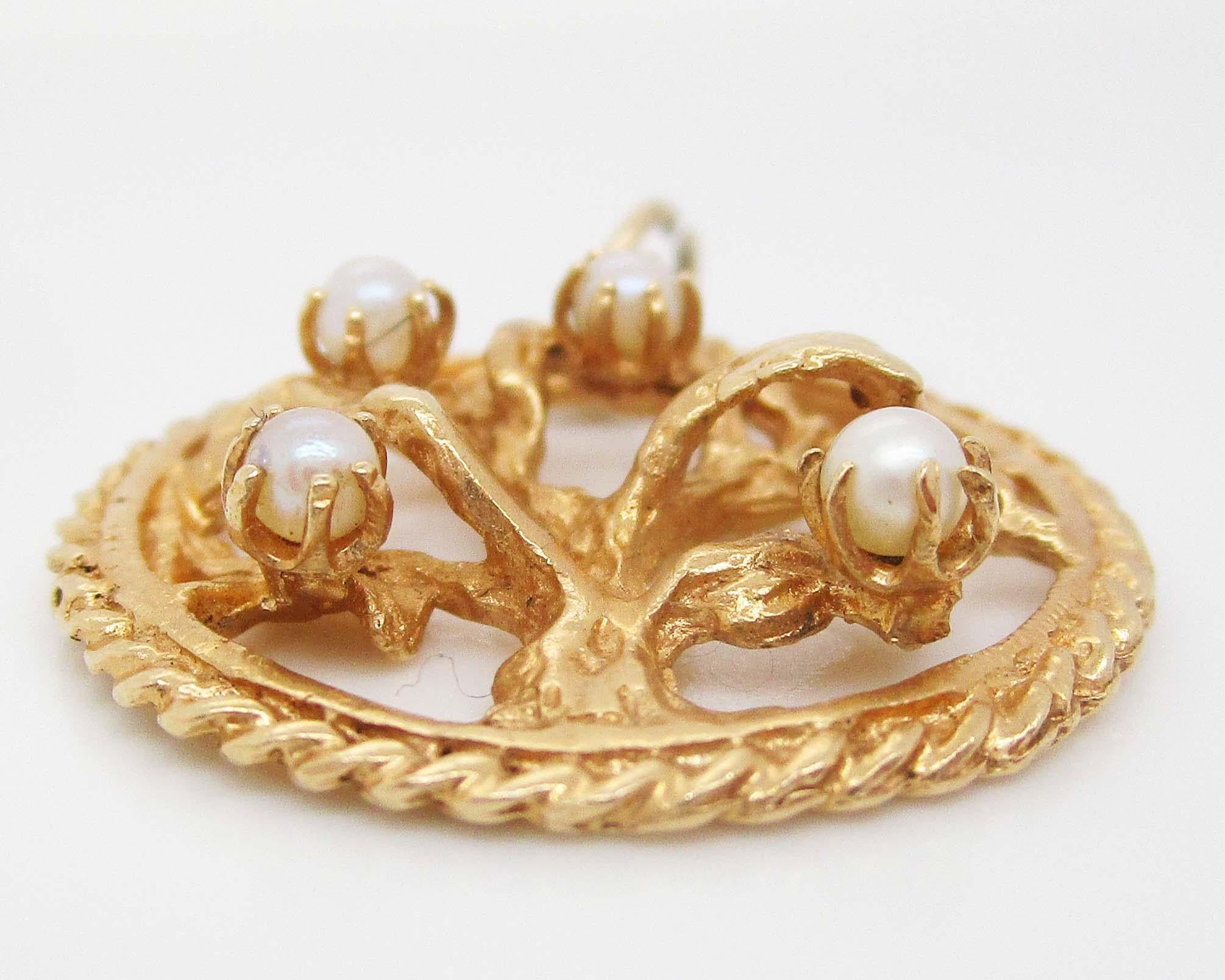 Women's or Men's 14 Karat Yellow Gold Tree of Life Seed Pearl Pendant