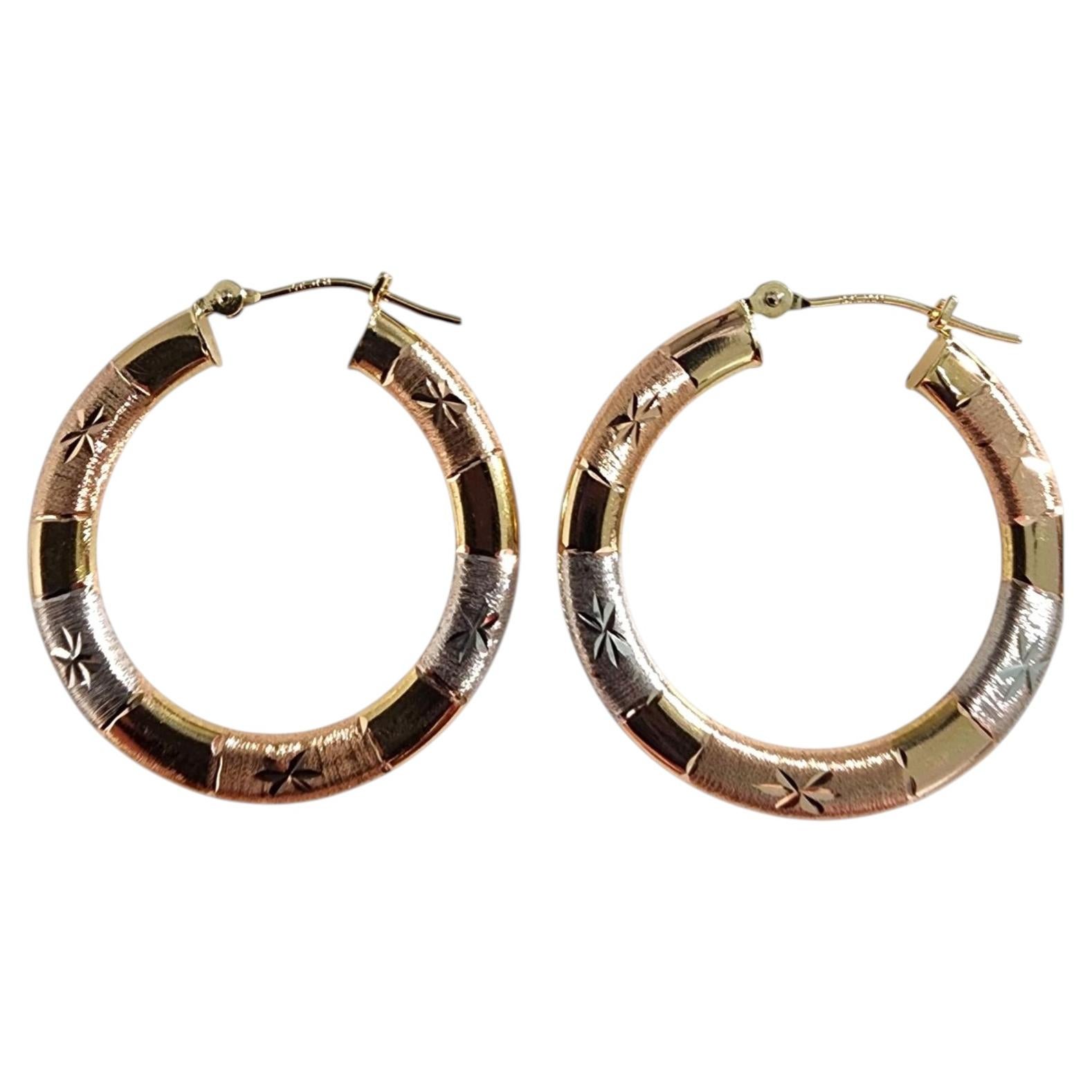 14K Yellow Gold Tri- Color Gold Hoop Earrings #25531