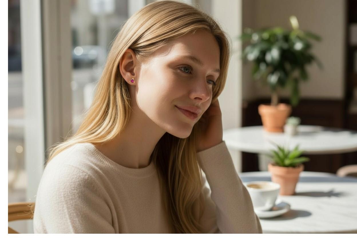 Eleva la tua pila di orecchie con questi orecchini a triangolo in oro giallo 14K con rubino, creati per coloro che amano esprimere la propria individualità attraverso piercing multipli. Ogni orecchino presenta rubini naturali a forma di triangolo