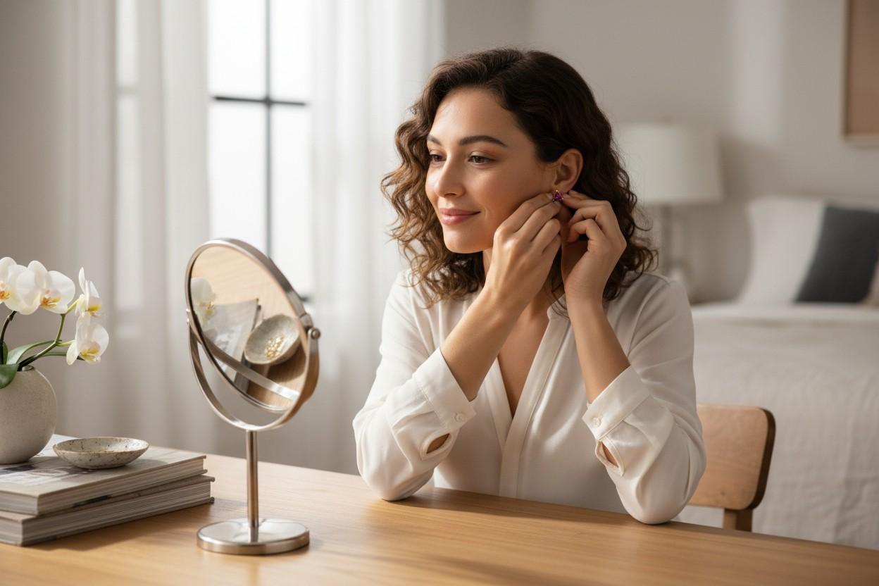 Taglio trillion 14K Yellow Gold Triangle Ruby Mini Stud Earrings 0.35 Carat for 2nd or 3rd Hole in vendita