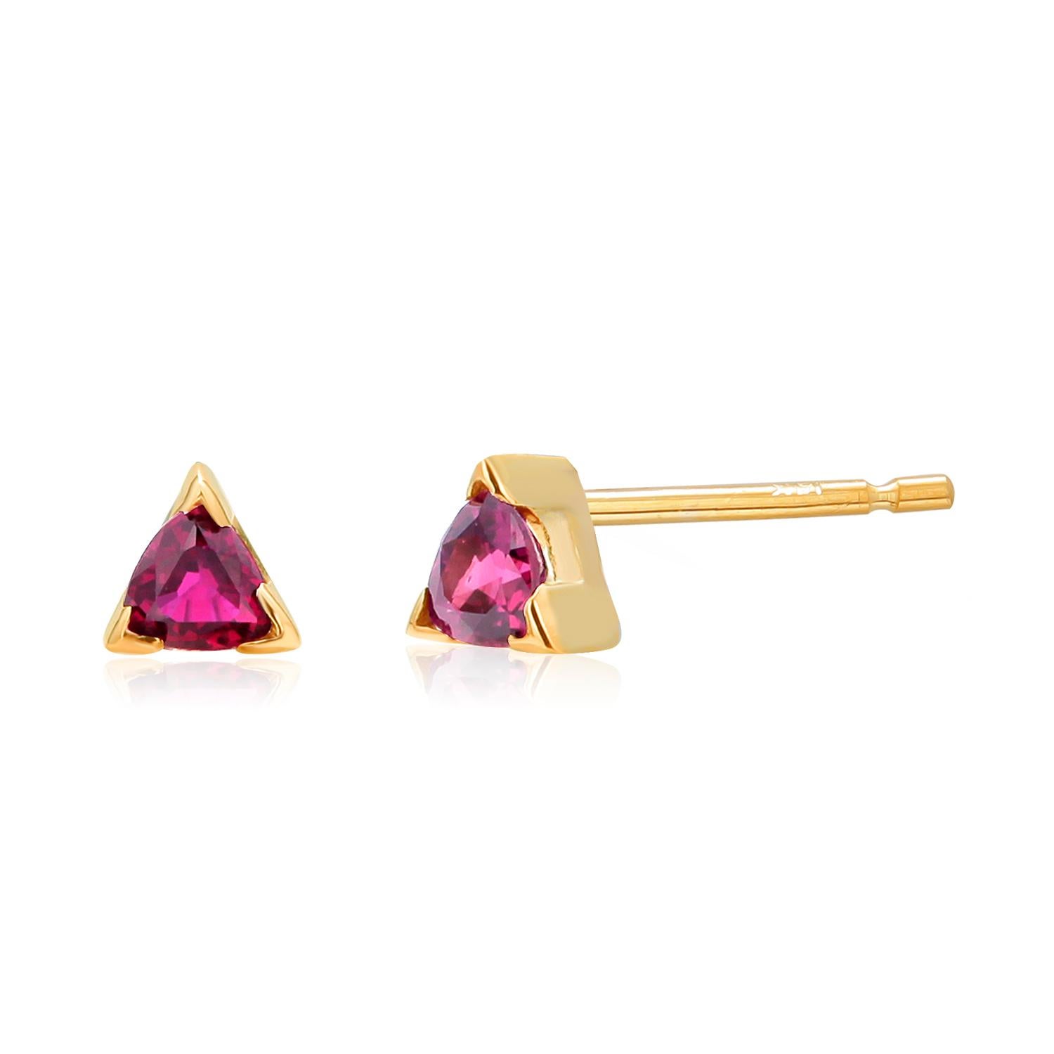 14K Yellow Gold Triangle Ruby Mini Stud Earrings 0.35 Carat for 2nd or 3rd Hole in vendita 1