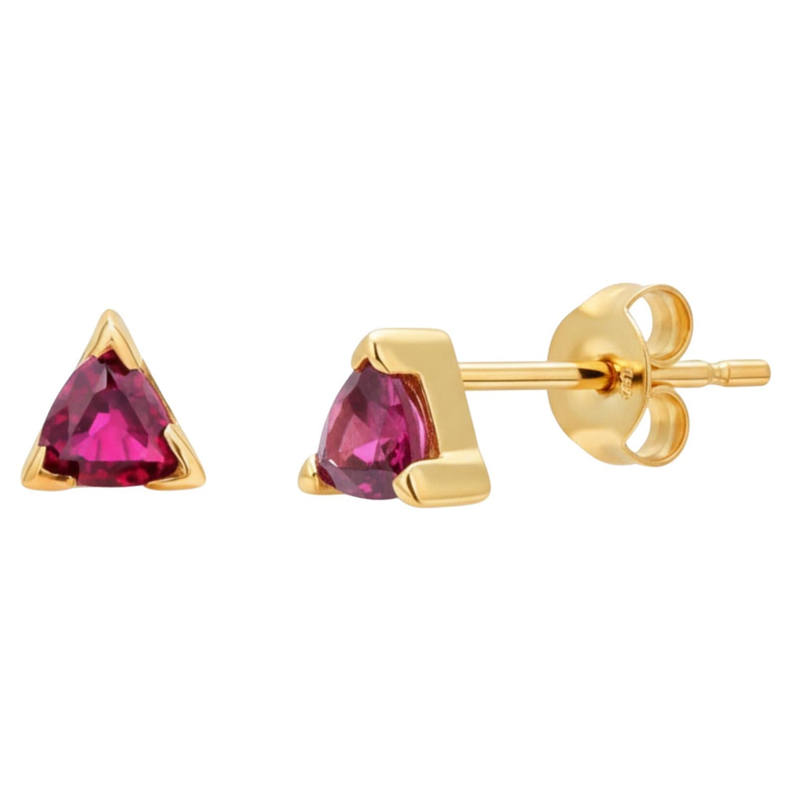 14K Yellow Gold Triangle Ruby Mini Stud Earrings 0.35 Carat for 2nd or 3rd Hole in vendita