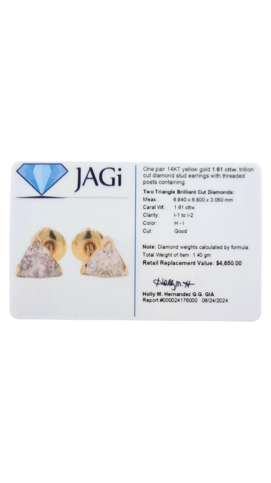 14K Yellow Gold Trillion Cut Diamond Stud Earrings #18085 For Sale 2