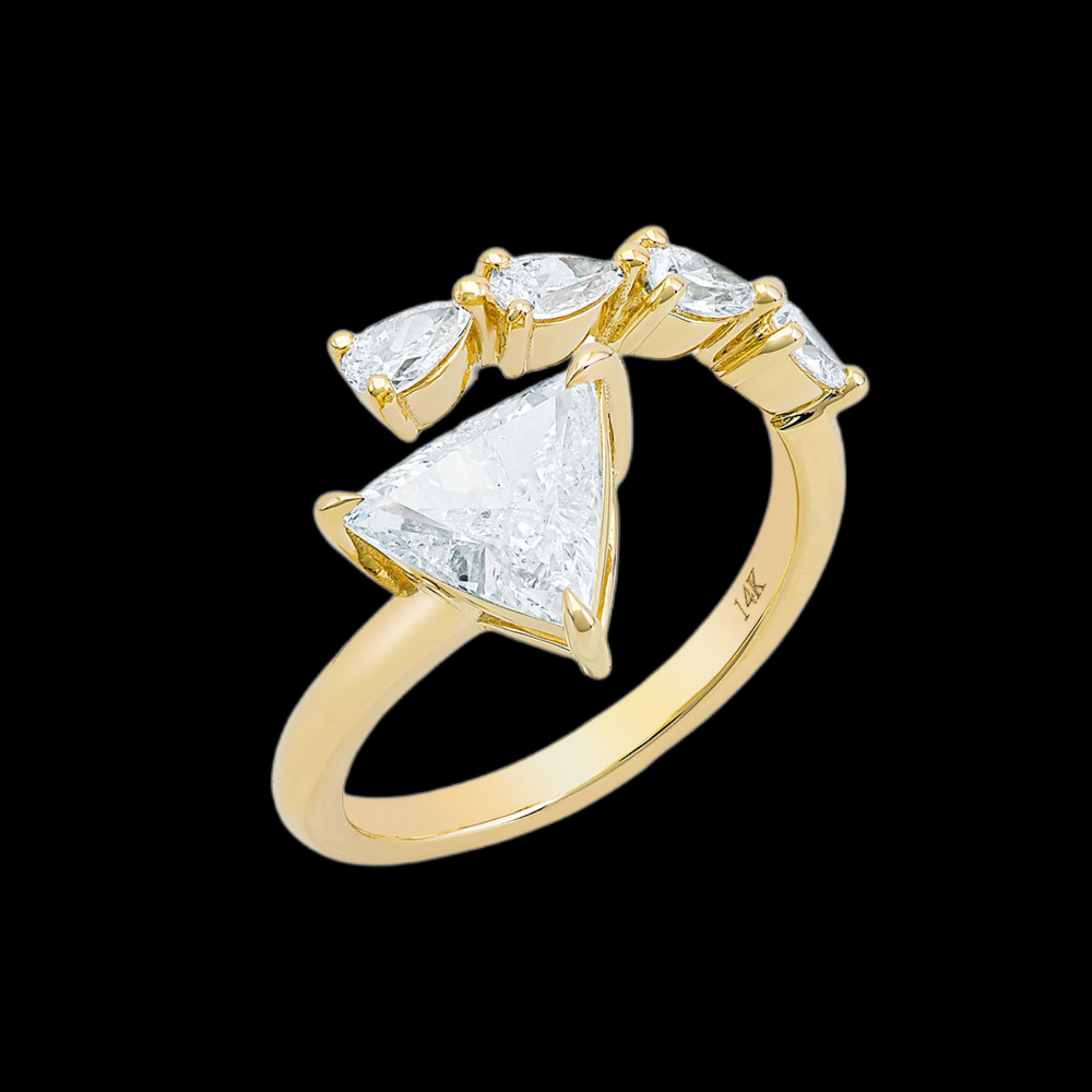 For Sale:  14K Yellow Gold, Trillion Cut Diamond w/ Pear Shape Diamond Ring 2