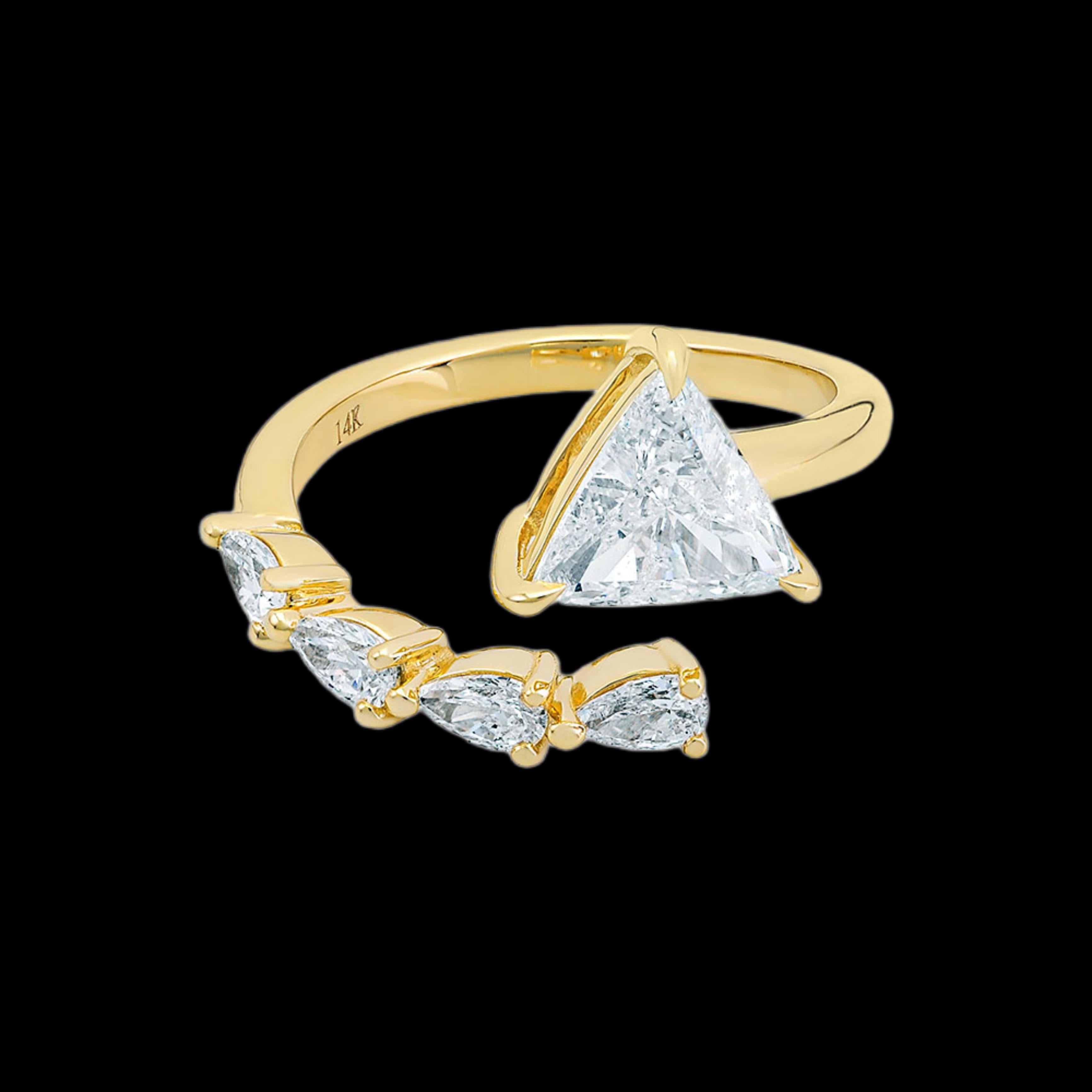 For Sale:  14K Yellow Gold, Trillion Cut Diamond w/ Pear Shape Diamond Ring 3