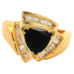 14k Yellow Gold Trillion Cut Sapphire Channel Baguette Diamond Accents Ring
