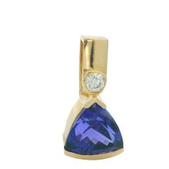 14K Yellow Gold Trillion Cut Tanzanite & Natural Round Diamond Pendant Necklace