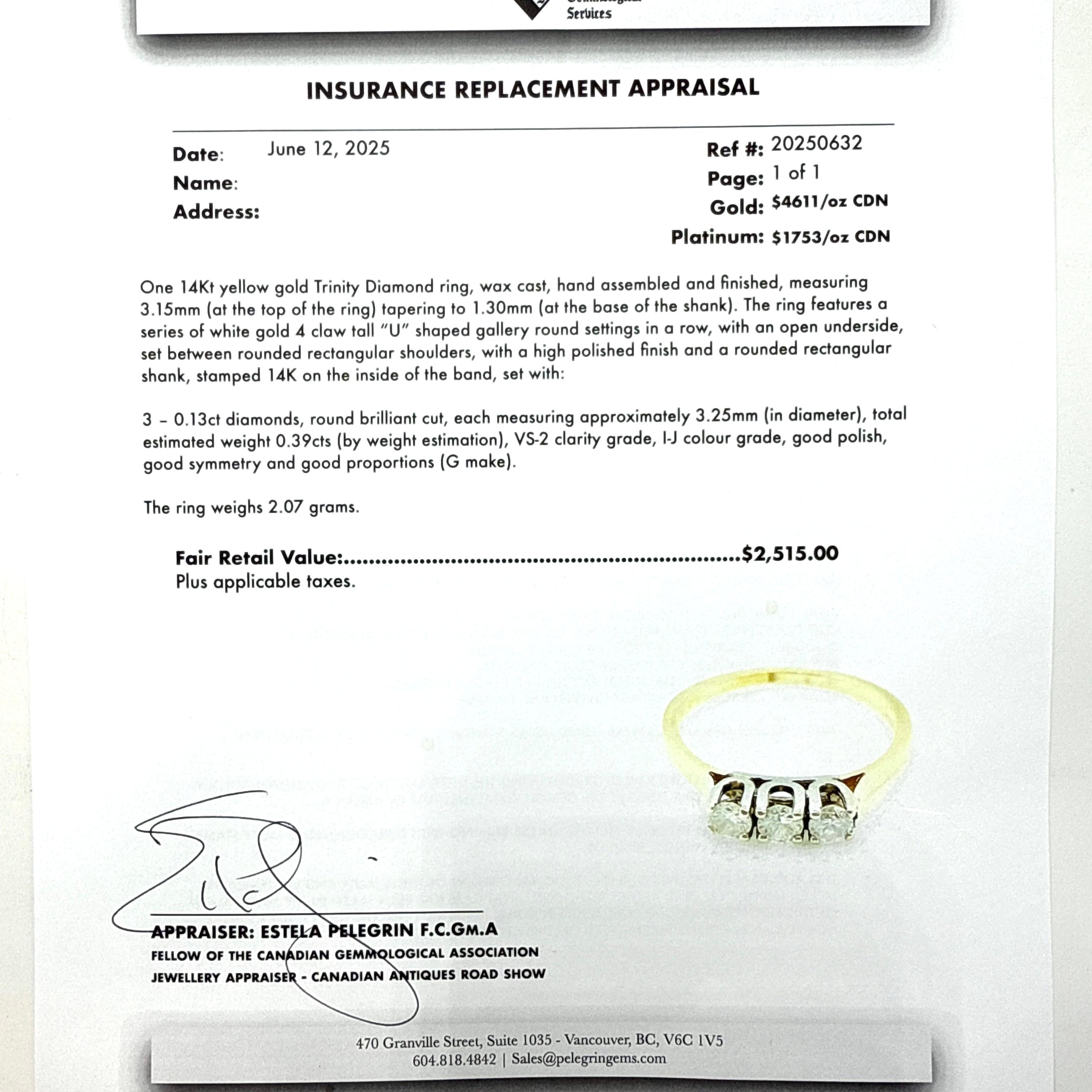 14K Yellow Gold Trinity Natural Diamond Ring – VS-2 Clarity, I-J Colour For Sale 4