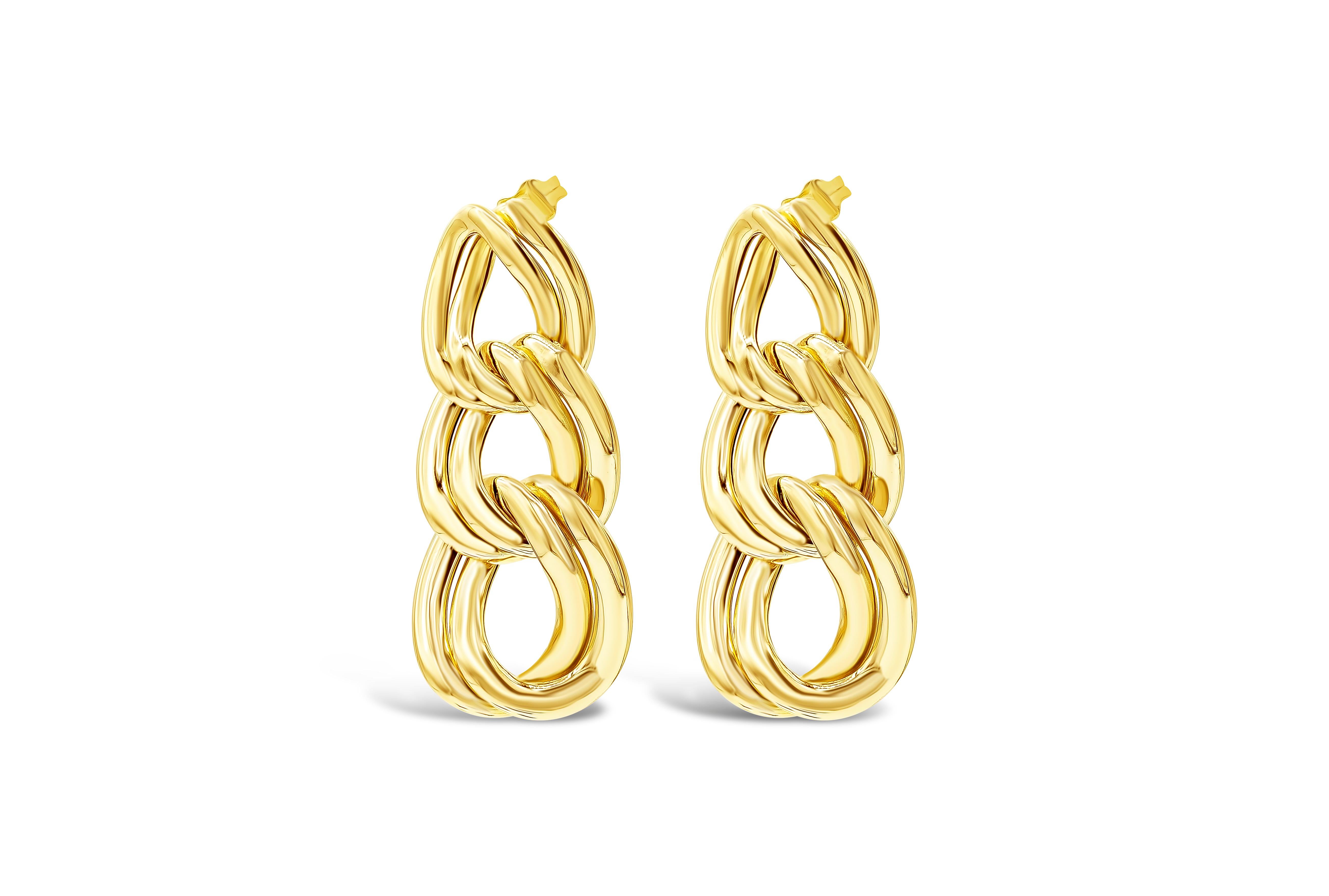Each earring showcases three 14k yellow gold curved chains intertwined each other and 9.06 grams in total. Earrings with post. A beautiful pair of earrings. 1.65 inches in length.

Roman Malakov is a custom house, specializing in creating anything