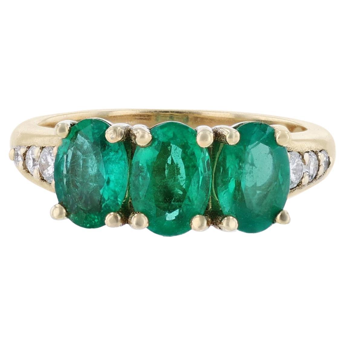 14K Yellow Gold Triple Oval Emerald Diamond Ring For Sale
