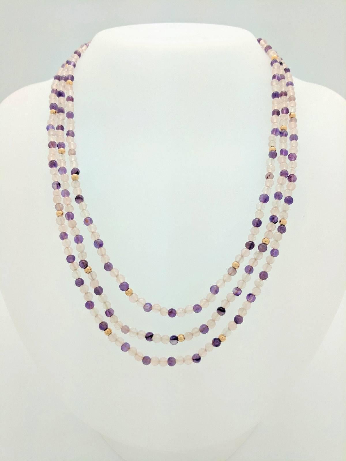 14K Yellow Gold Triple Strand 3.5mm Amethyst & Clear Beaded Necklace 26