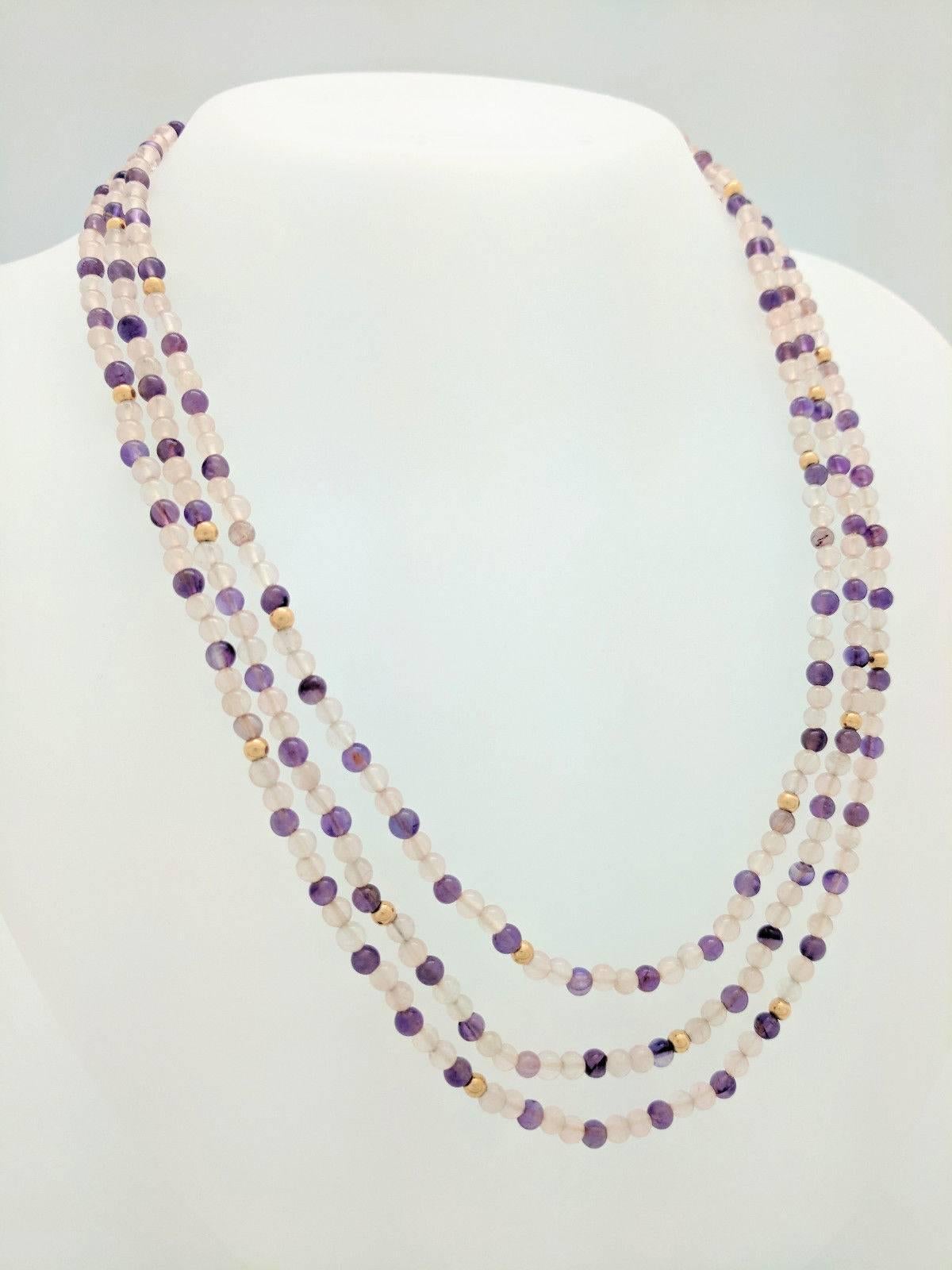 Contemporary 14 Karat Yellow Gold Triple Strand Amethyst and Clear Beaded Necklace