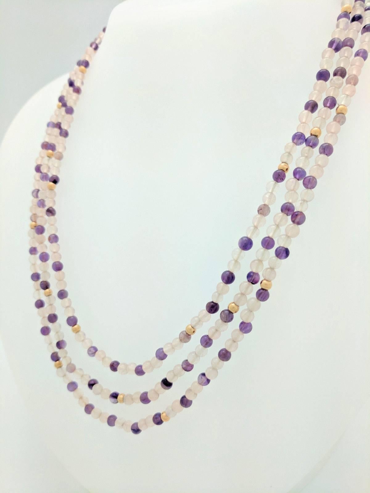 Round Cut 14 Karat Yellow Gold Triple Strand Amethyst and Clear Beaded Necklace