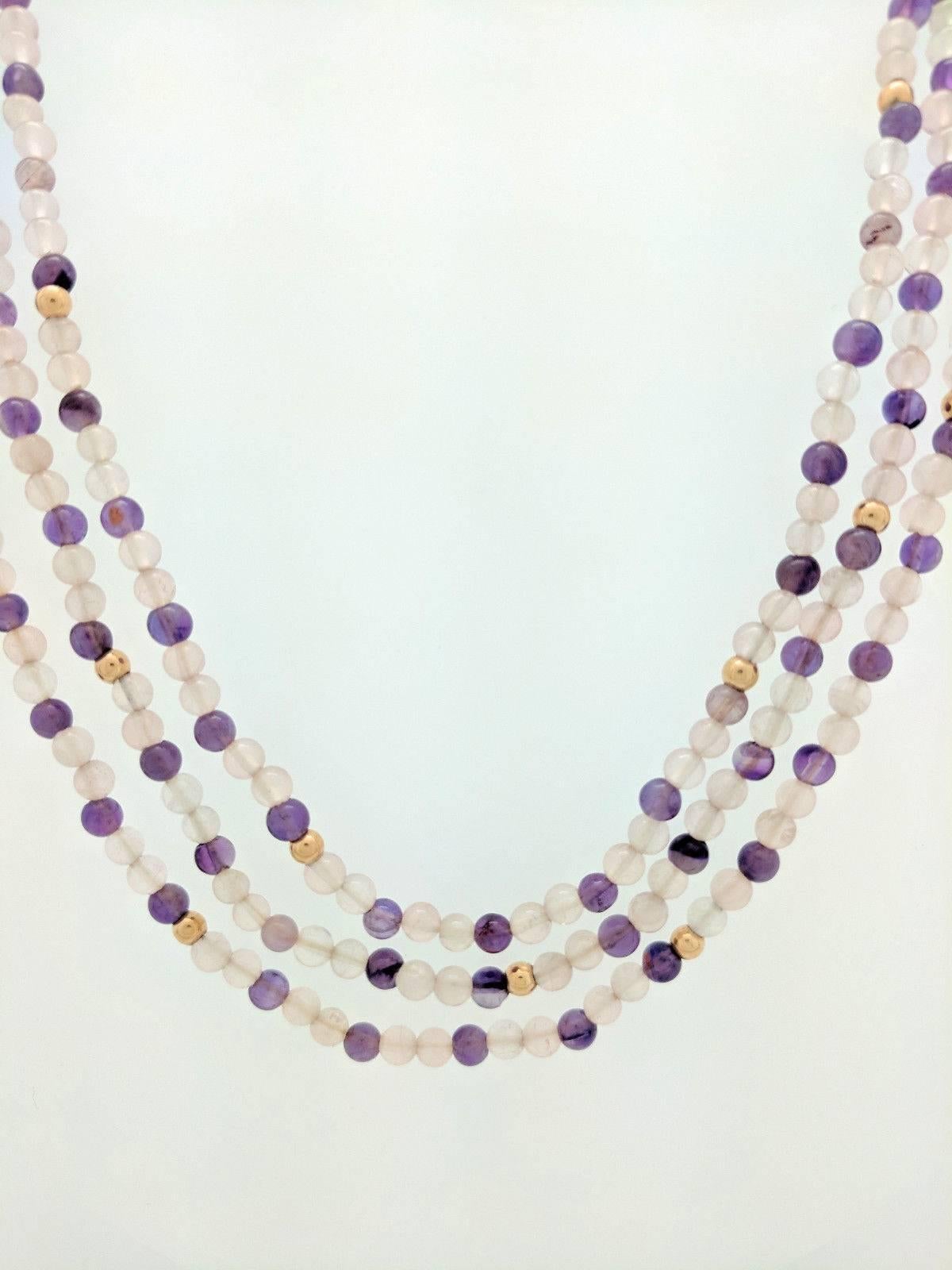 14 Karat Yellow Gold Triple Strand Amethyst and Clear Beaded Necklace In Excellent Condition In Gainesville, FL