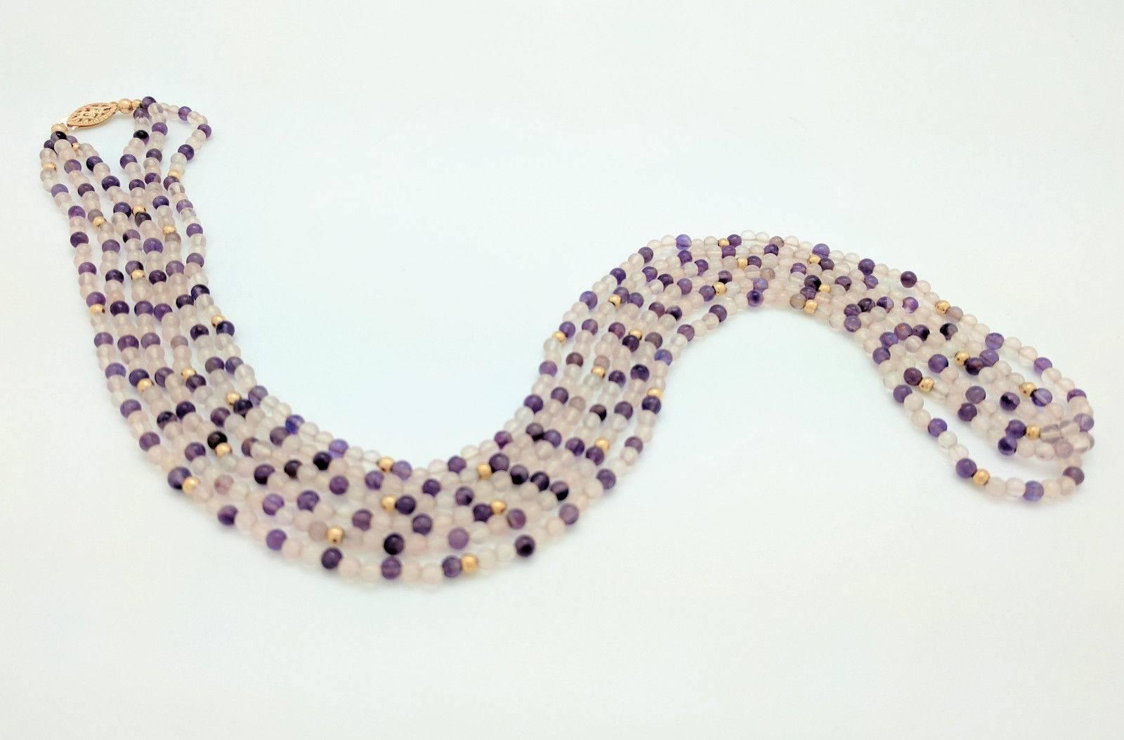 Women's 14 Karat Yellow Gold Triple Strand Amethyst and Clear Beaded Necklace