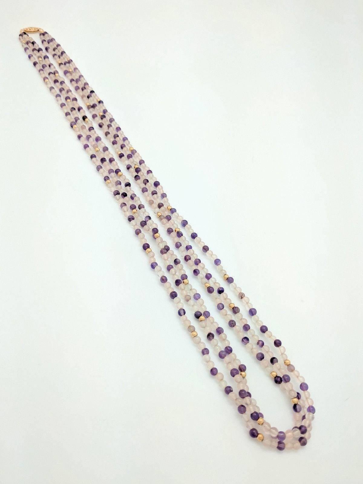 14 Karat Yellow Gold Triple Strand Amethyst and Clear Beaded Necklace 1