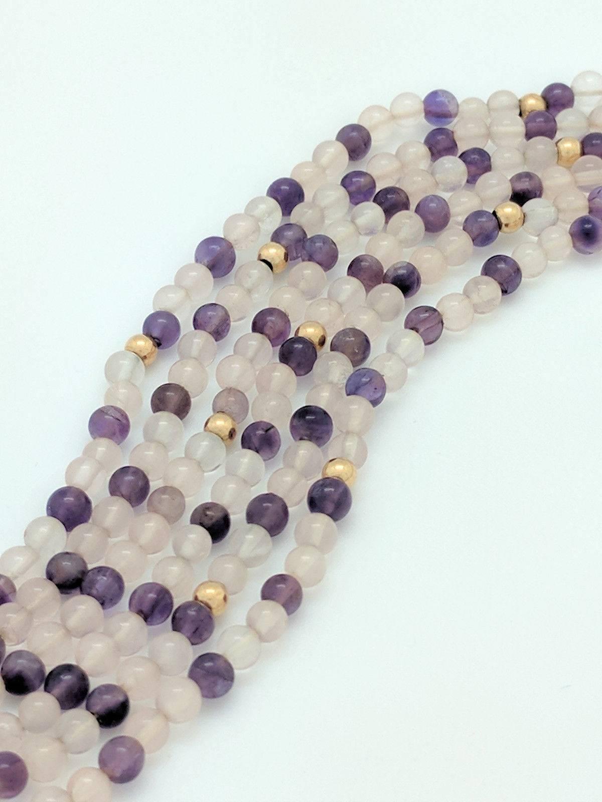 14 Karat Yellow Gold Triple Strand Amethyst and Clear Beaded Necklace 2